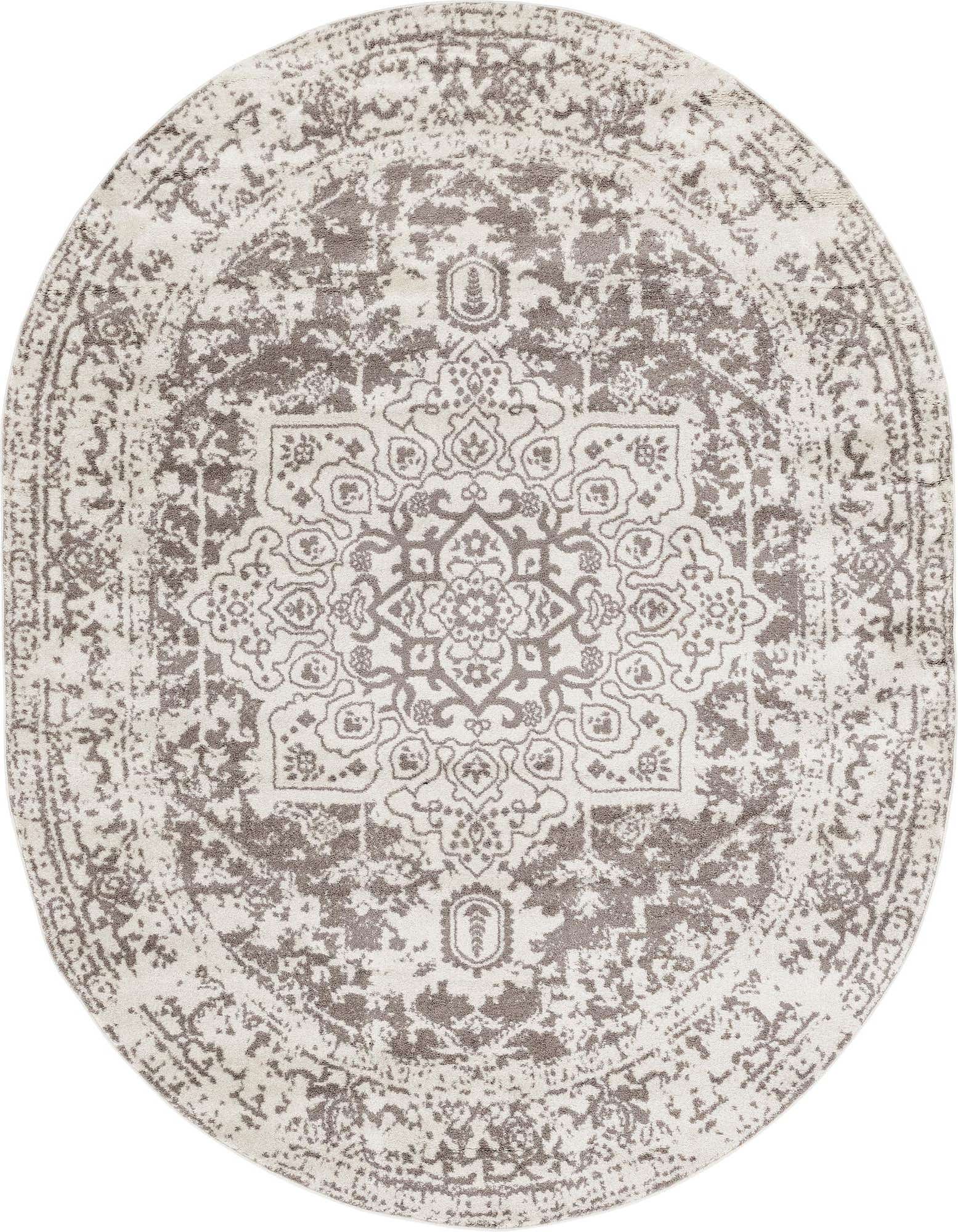 An oval 7' 10 x 10' 0 white and gray traditional medallion rug with a distressed vintage pattern.