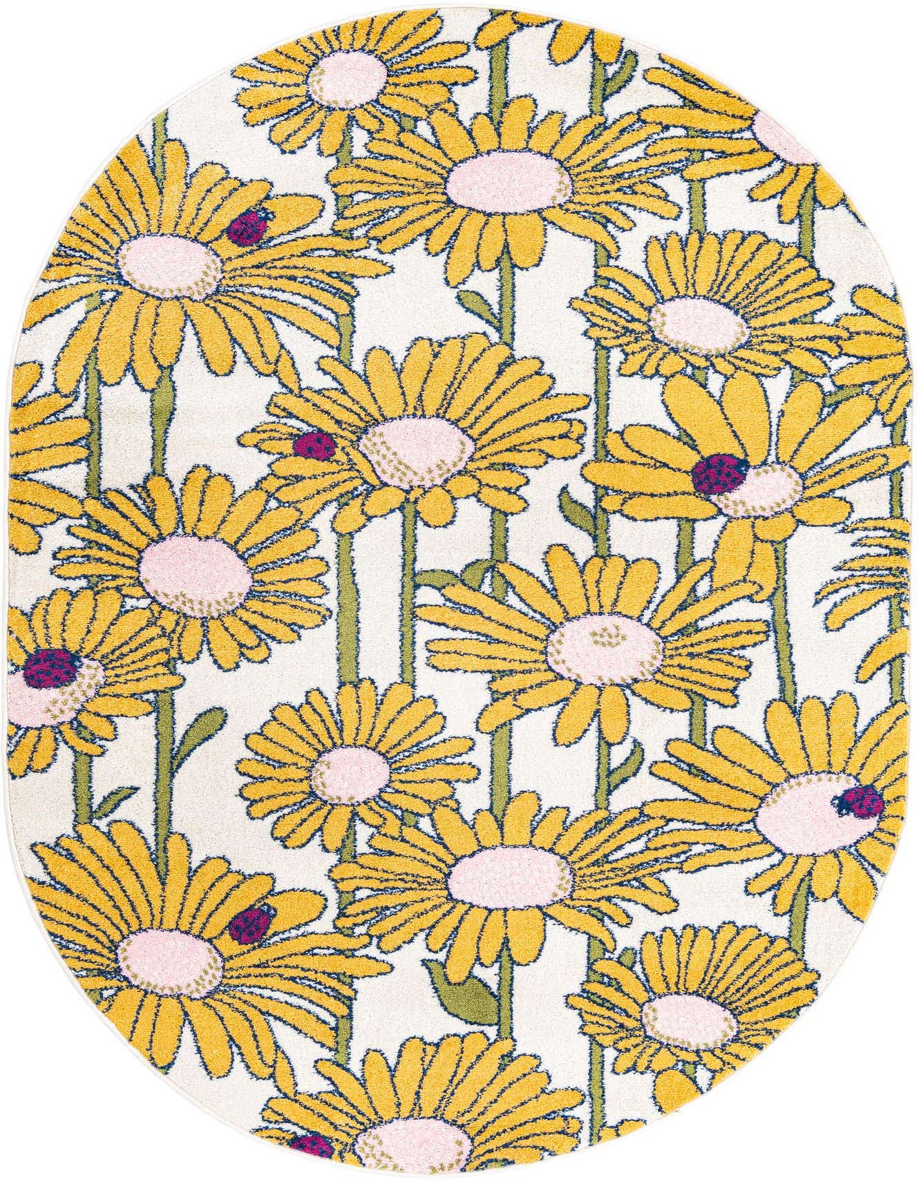 An oval white rug featuring a vibrant modern floral pattern of yellow daisies with pink centers and green stems, accented with small purple ladybugs.