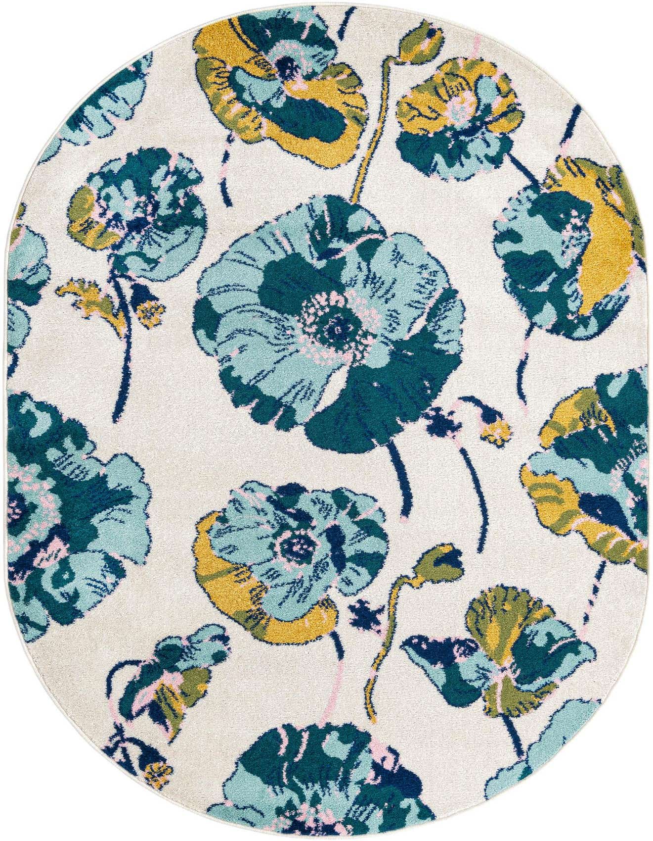 An oval Bloom collection rug, 5' 3 x 7' 10, featuring a modern floral pattern with large teal, dark green, and yellow flowers on a white background.