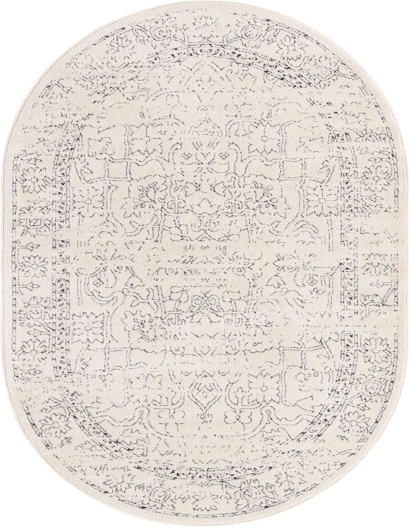 An oval 4' x 6' white rug with a distressed black traditional medallion and floral pattern, featuring a high-low textured pile.