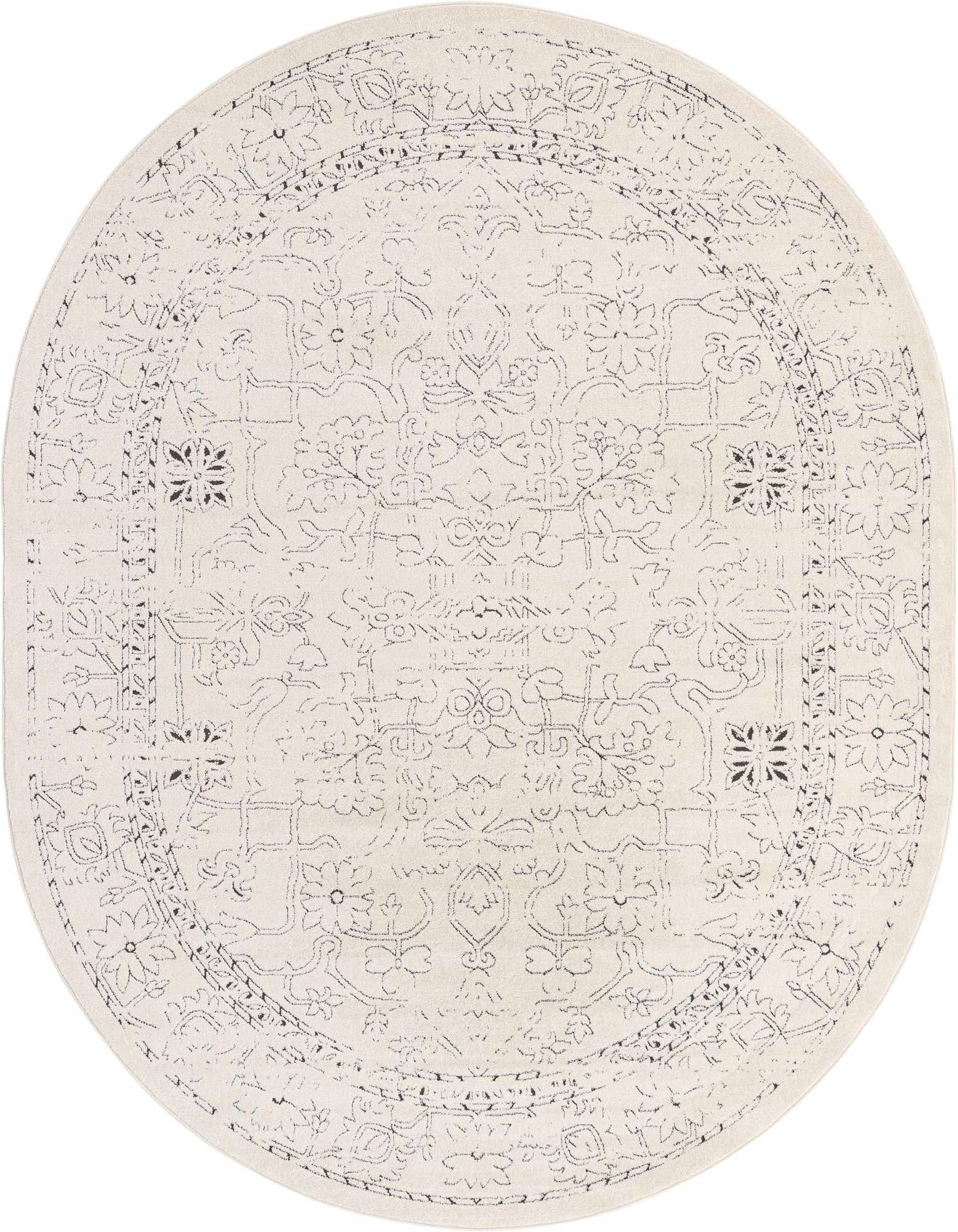 An oval 7' 10 x 10' 0 white area rug with a subtle distressed traditional medallion and floral pattern in light gray, suitable for an indoor living space.