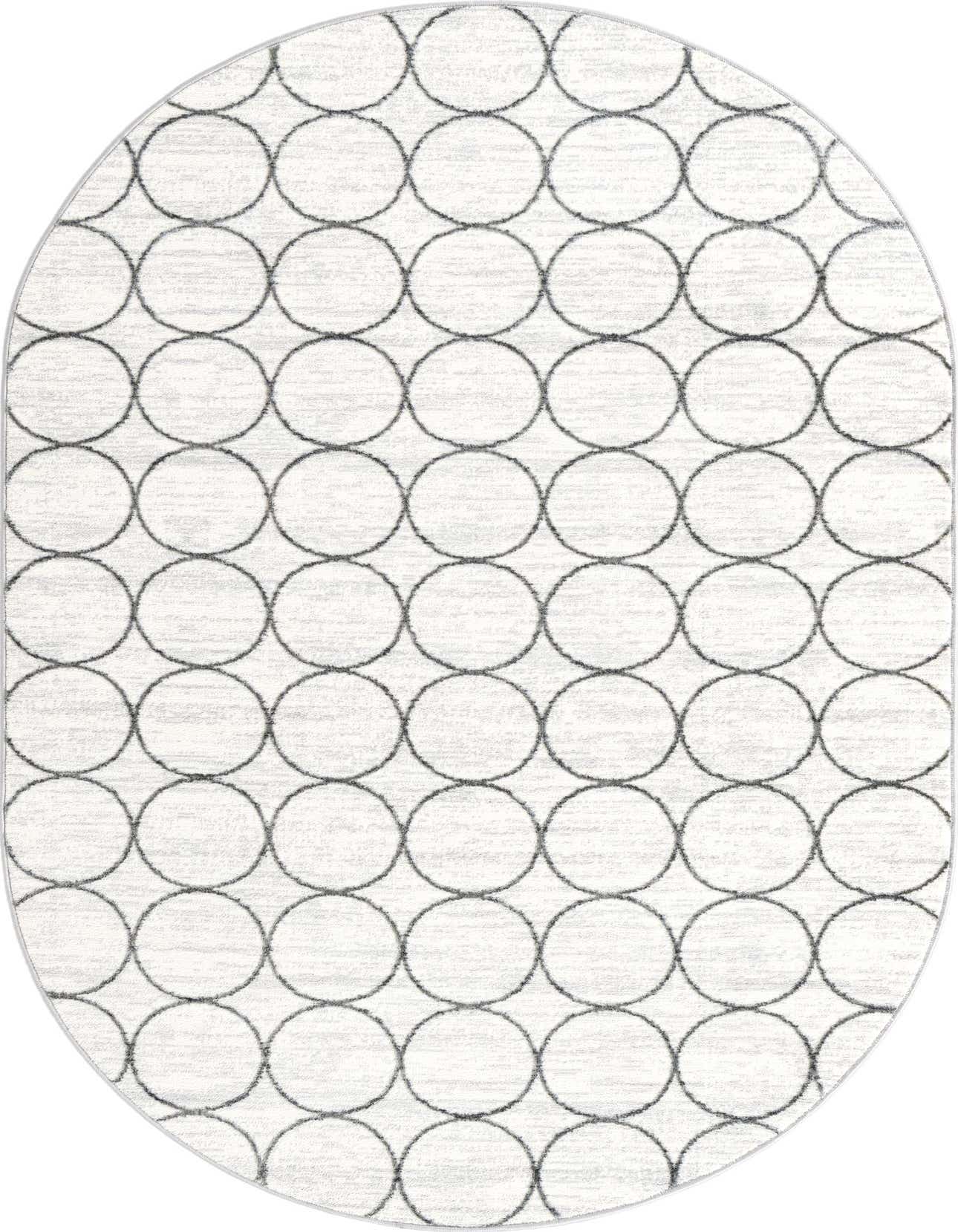 An oval 5' 3 x 8' 0 white modern area rug with a repeating dark gray trellis circle pattern.
