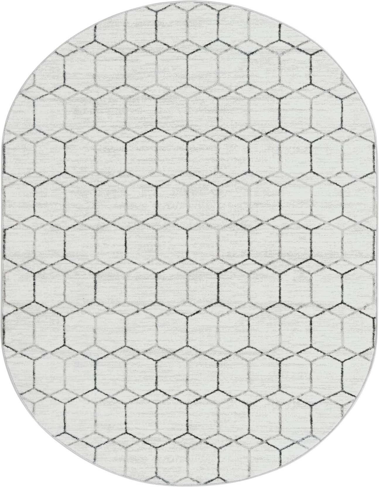 White oval rug with a subtle gray and black geometric trellis pattern, ideal for a living room or bedroom.