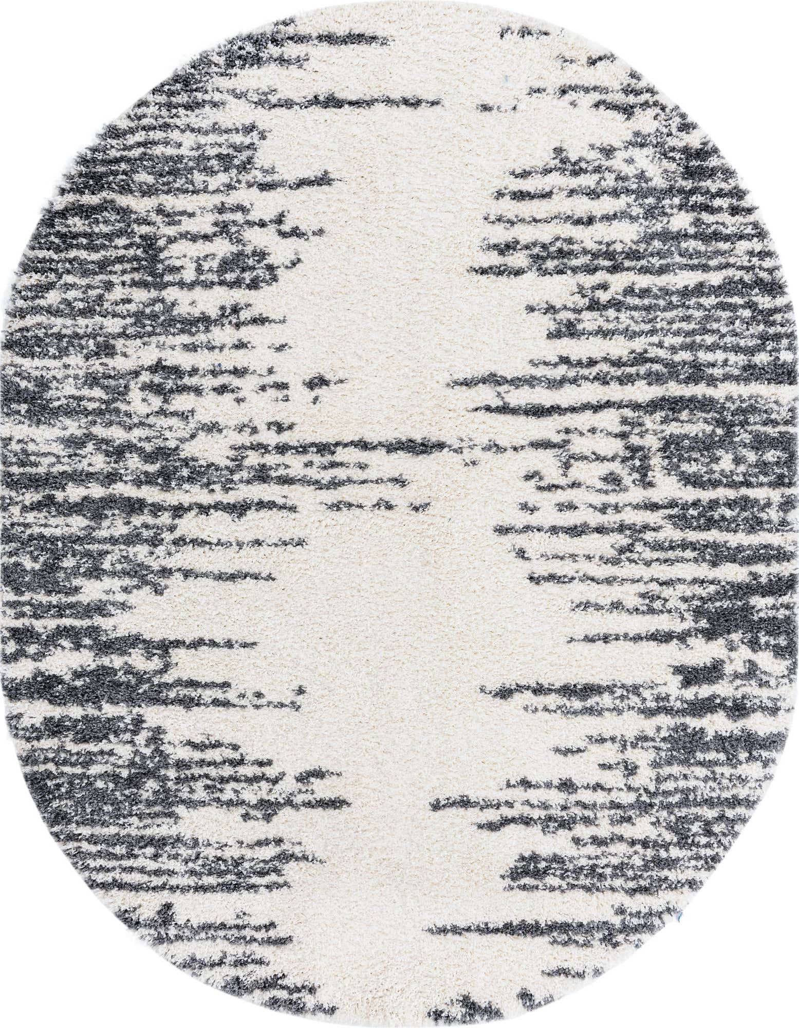 An oval Serenity Shag rug in white with a subtle, textured grey abstract pattern, ideal for modern indoor spaces.