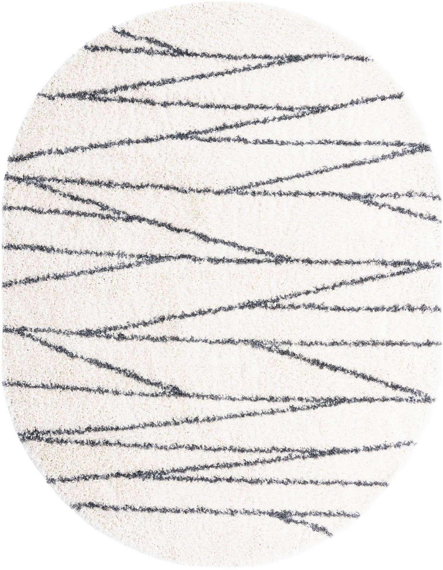 An oval white shag rug with thin, irregular dark gray stripes crisscrossing its surface, showcasing its soft texture.