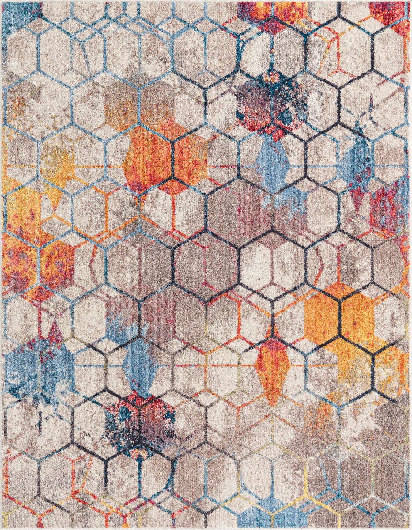 A 4x6 rectangular rug featuring a modern abstract honeycomb pattern in white, grey, blue, orange, and red tones.