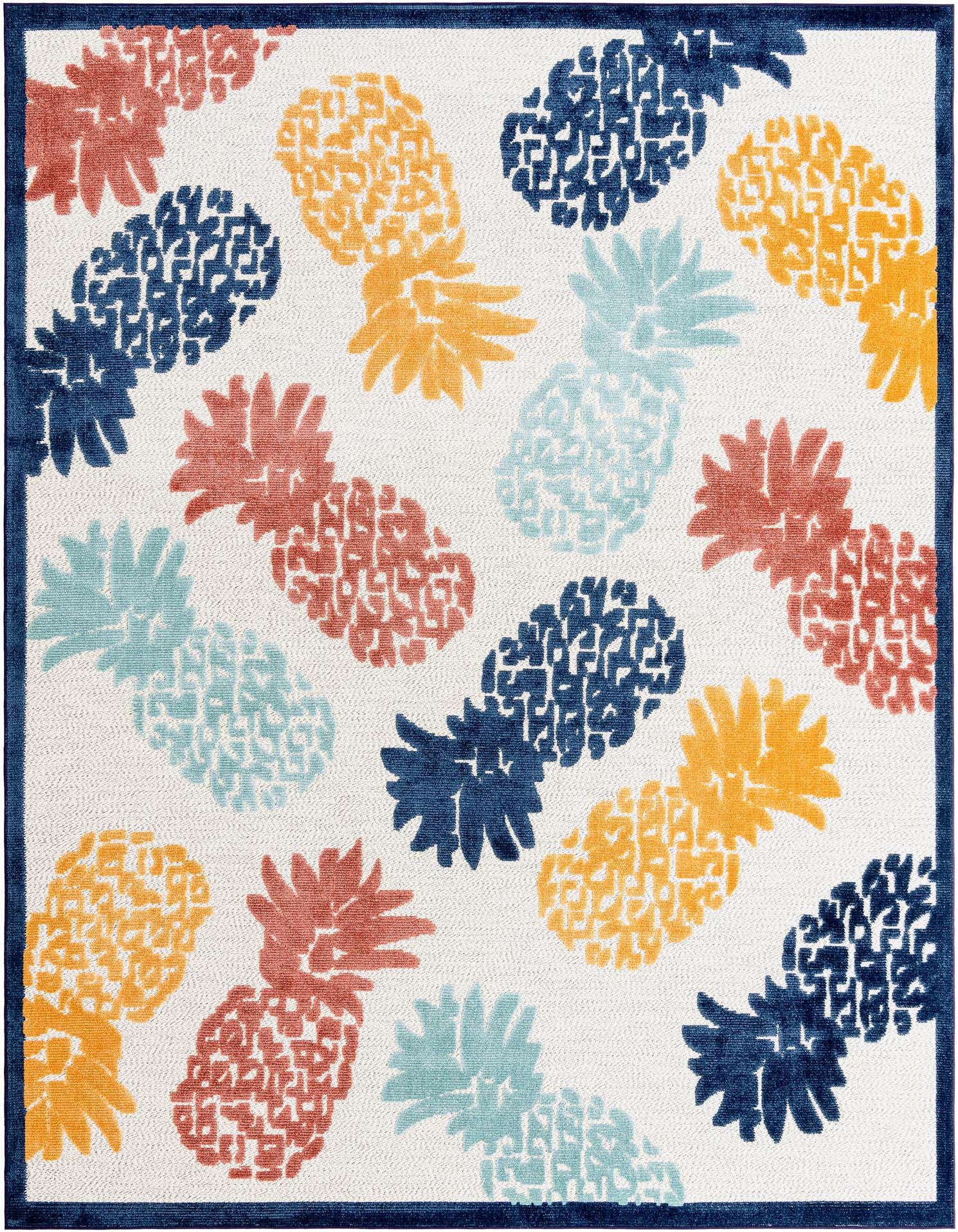 A 9x12 rectangular indoor/outdoor rug with a white background and a playful pattern of blue, orange, red, and light blue pineapples, bordered in navy blue.