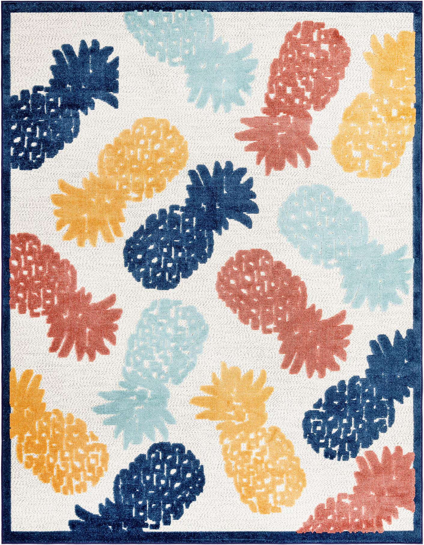 A 7x10 rectangular indoor/outdoor rug with a playful, abstract pineapple pattern in navy, coral, light blue, and gold on a white background, framed by a navy border.