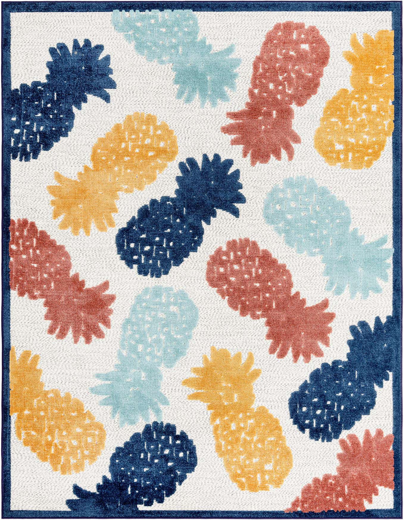 A 6x9 rectangular indoor/outdoor rug with a playful pattern of colorful pineapples in navy, light blue, orange, and coral on a white background, bordered in navy.
