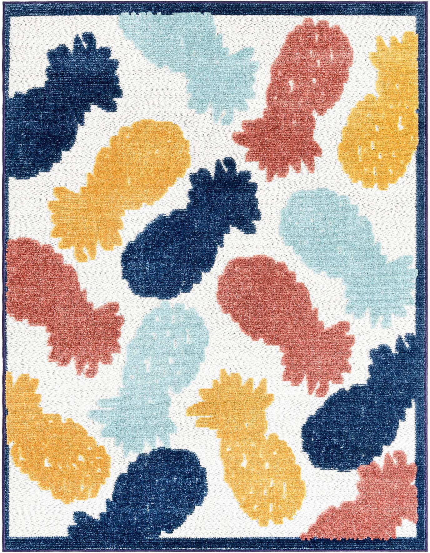 A 4x6 rectangular indoor/outdoor rug featuring a playful abstract pineapple pattern in navy, light blue, orange, and coral on a white background, with a navy border.