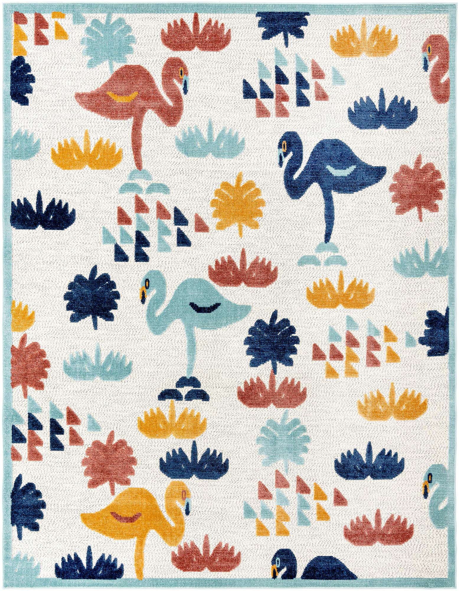 8x10 rectangular indoor/outdoor rug with a white background and colorful flamingos, abstract shapes, and foliage in coral, blue, teal, and yellow.
