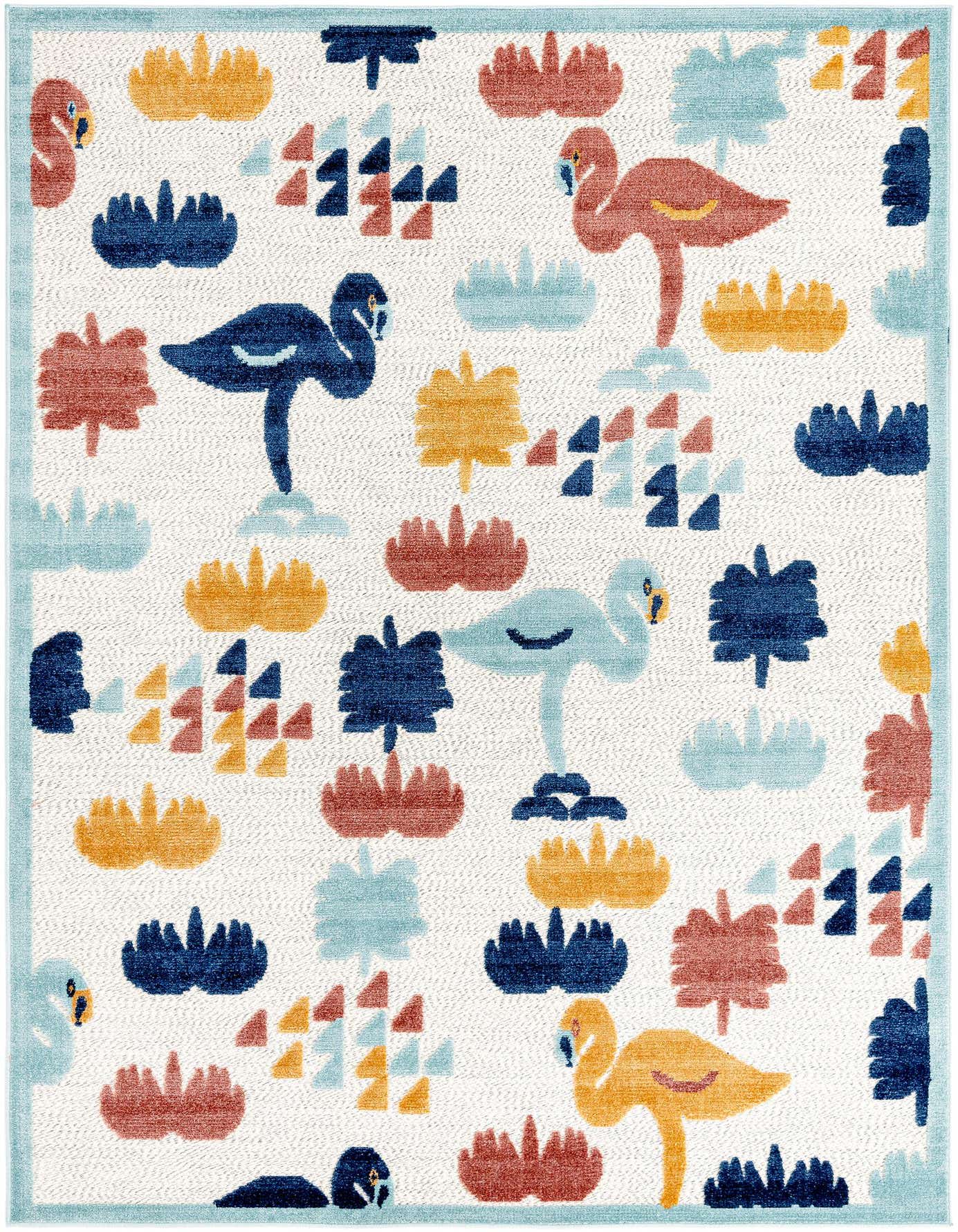 A 6x9 rectangular Rugs.com Belize Outdoor rug with a white background and colorful abstract flamingos and plants in blue, orange, and light blue.