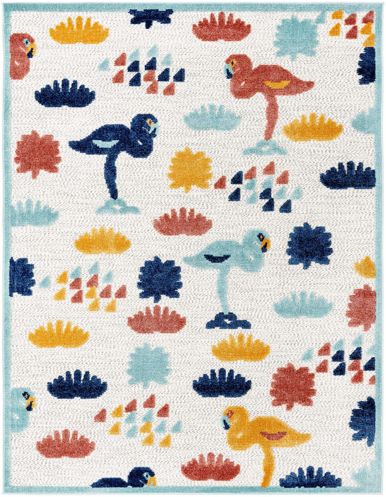 A 5x8 rectangular white rug with a playful coastal pattern of colorful flamingos, abstract shapes, and coral in shades of blue, orange, and yellow, framed by a light blue border.
