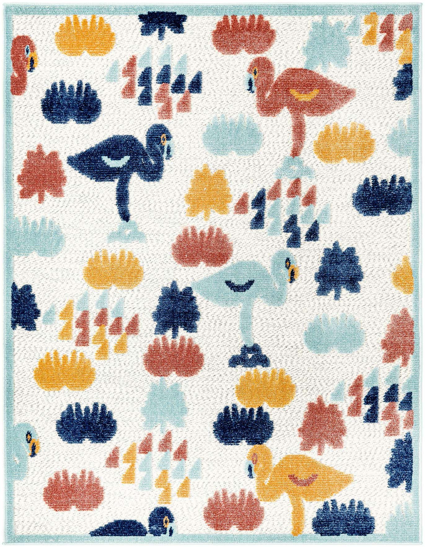 A 4x6 rectangular indoor/outdoor rug with a playful abstract pattern featuring colorful flamingos and trees in blue, orange, and red on a white background.