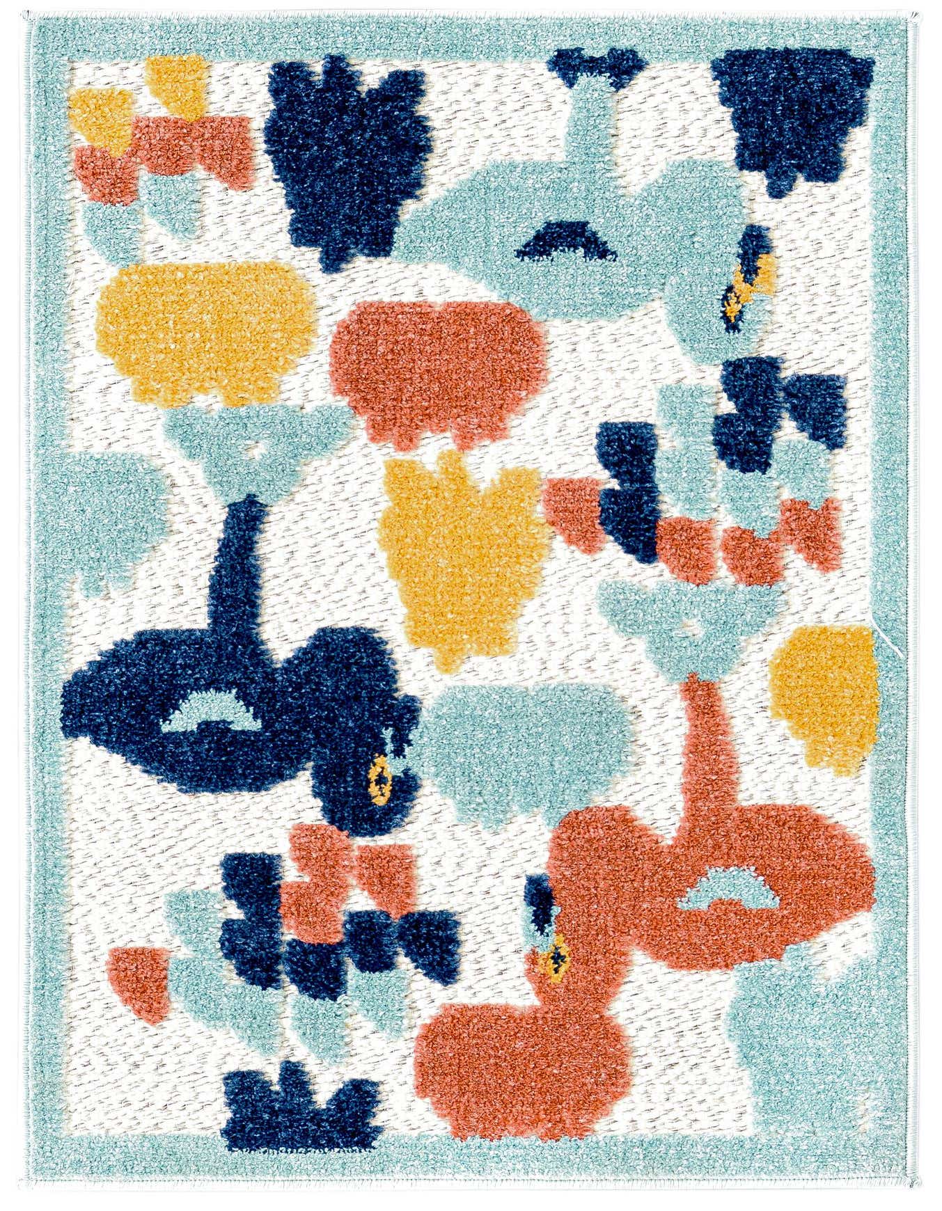 A 2x3 rectangular Rugs.com Belize Outdoor rug featuring an abstract, modern pattern in white, blue, orange, and yellow, with a light blue border.