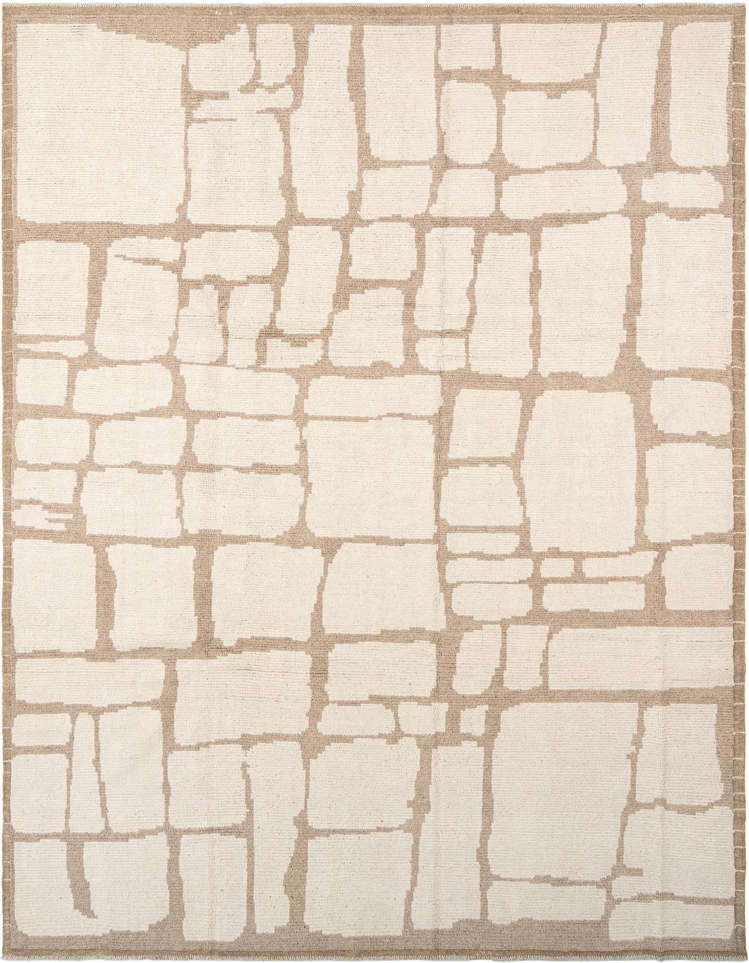A rectangular Beni Marok wool rug featuring an abstract, irregular block pattern in white and natural beige tones.
