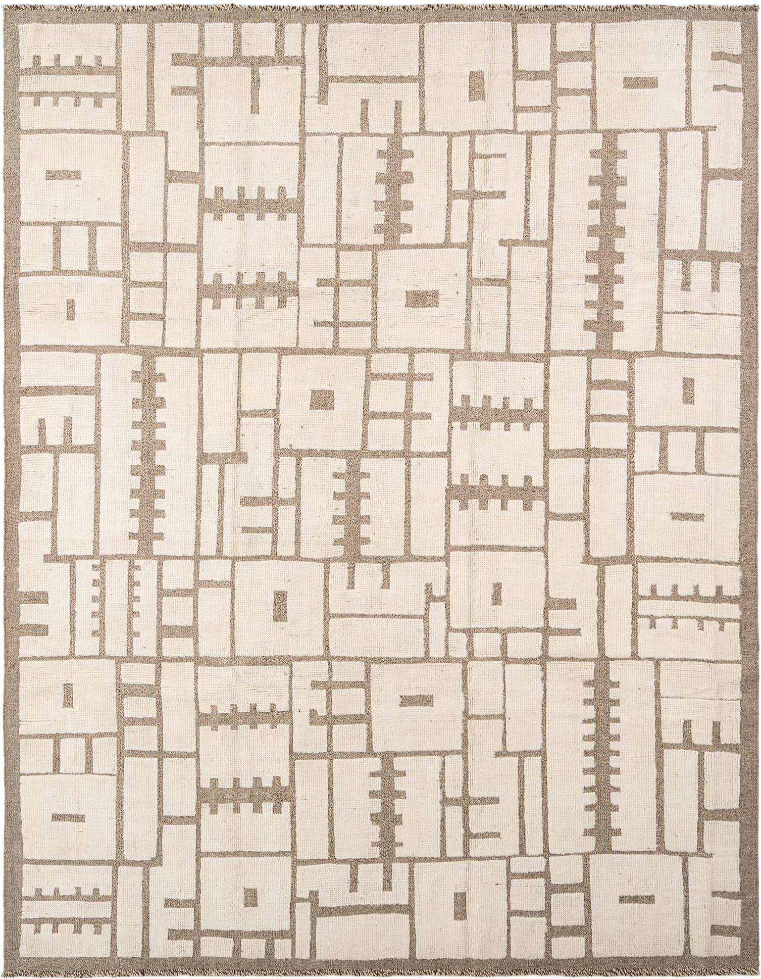 A rectangular off-white wool rug with a light brown abstract geometric pattern, perfect for a modern living space.