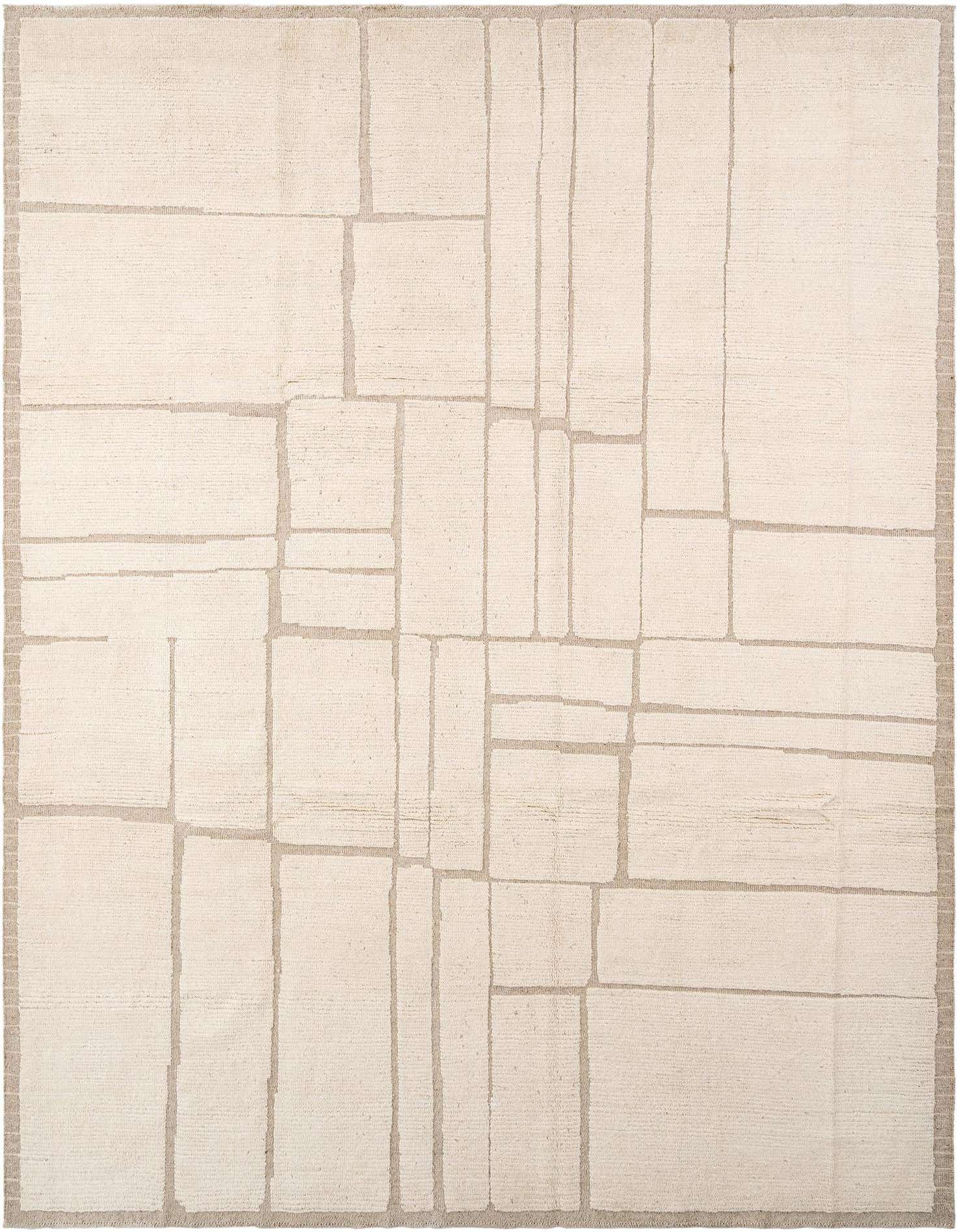 A rectangular Beni Marok rug in off-white wool with a subtle, abstract geometric pattern in varying pile heights, suitable for a modern living room.