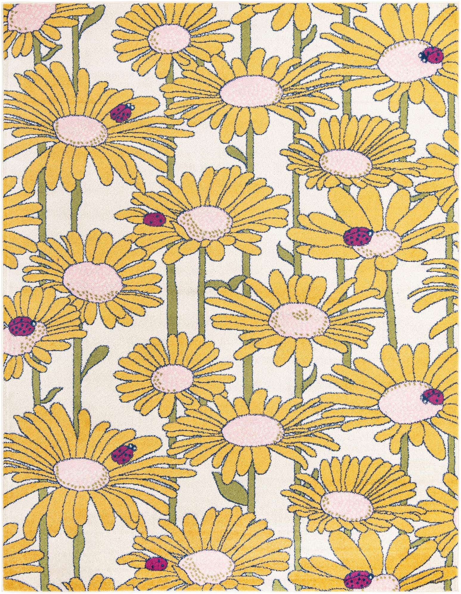 A white 8x10 rectangular rug featuring a vibrant modern floral pattern of yellow daisies with pink centers and scattered ladybugs.