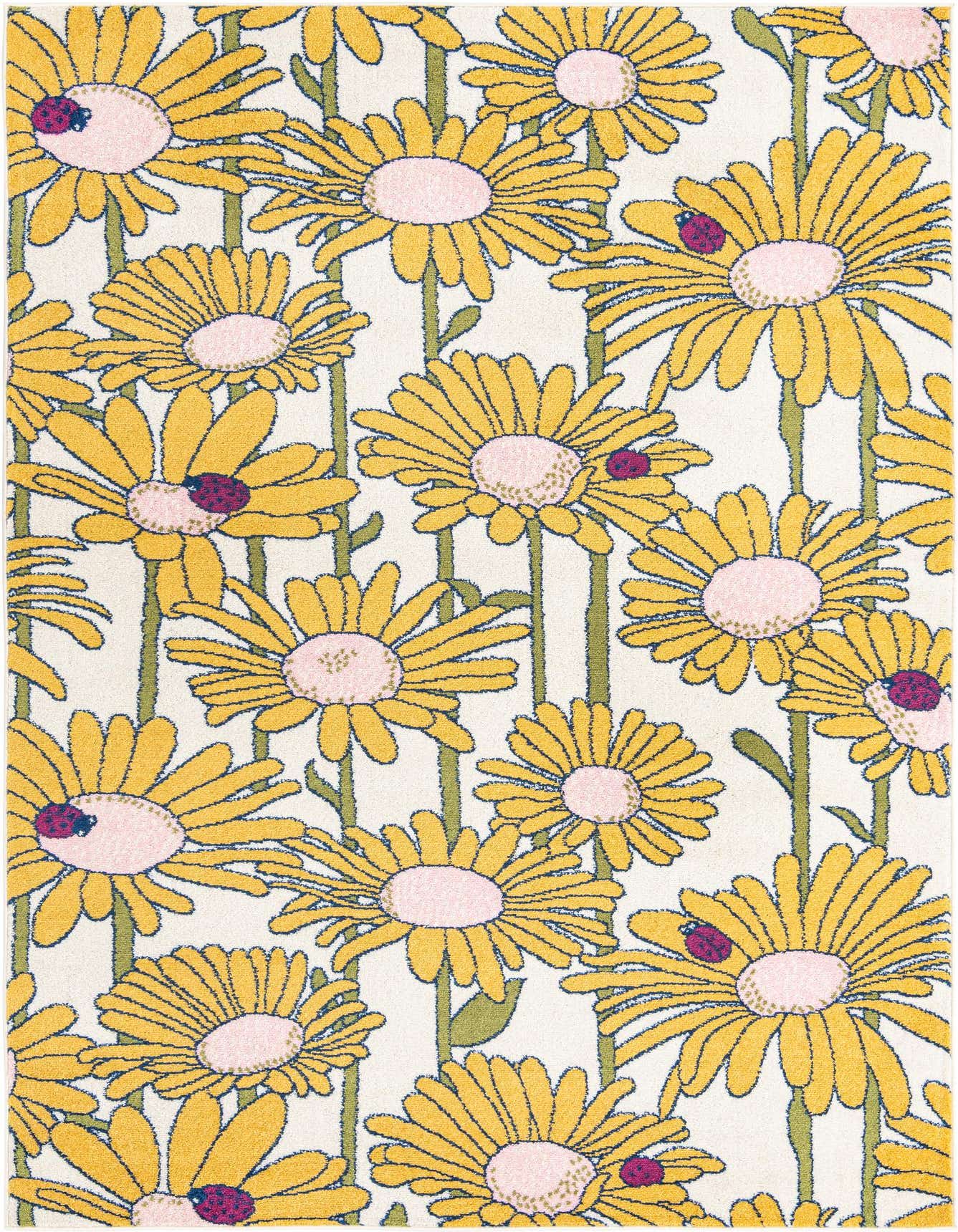 A 6x9 rectangular rug featuring a playful modern floral pattern with large yellow daisies, pink centers, green stems, and small red ladybugs on a white background, perfect for a child's room.