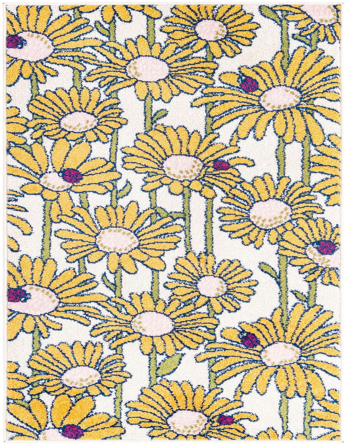 A rectangular 3x5 Bloom rug with a vibrant modern floral pattern featuring large yellow daisies with pink centers, green stems, and blue outlines on a white background, suitable for a kids' room.