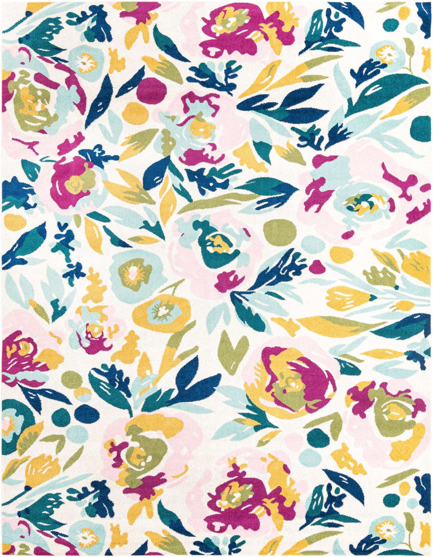 A 10x14 rectangular Bloom rug with a vibrant modern floral pattern on a white background, featuring pink, yellow, blue, and green blossoms and leaves.
