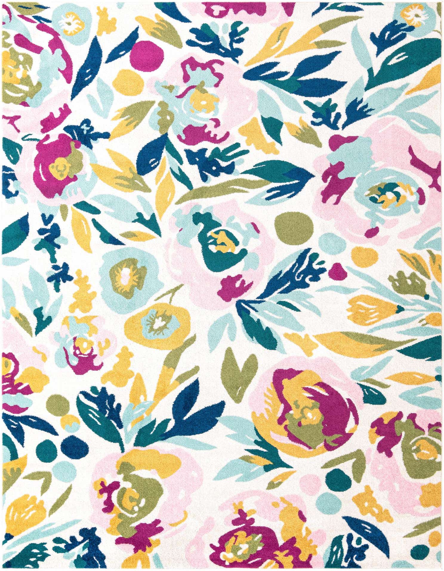 A 9x12 rectangular Bloom Collection rug featuring a vibrant modern floral pattern in pink, teal, yellow, and magenta on a white background.