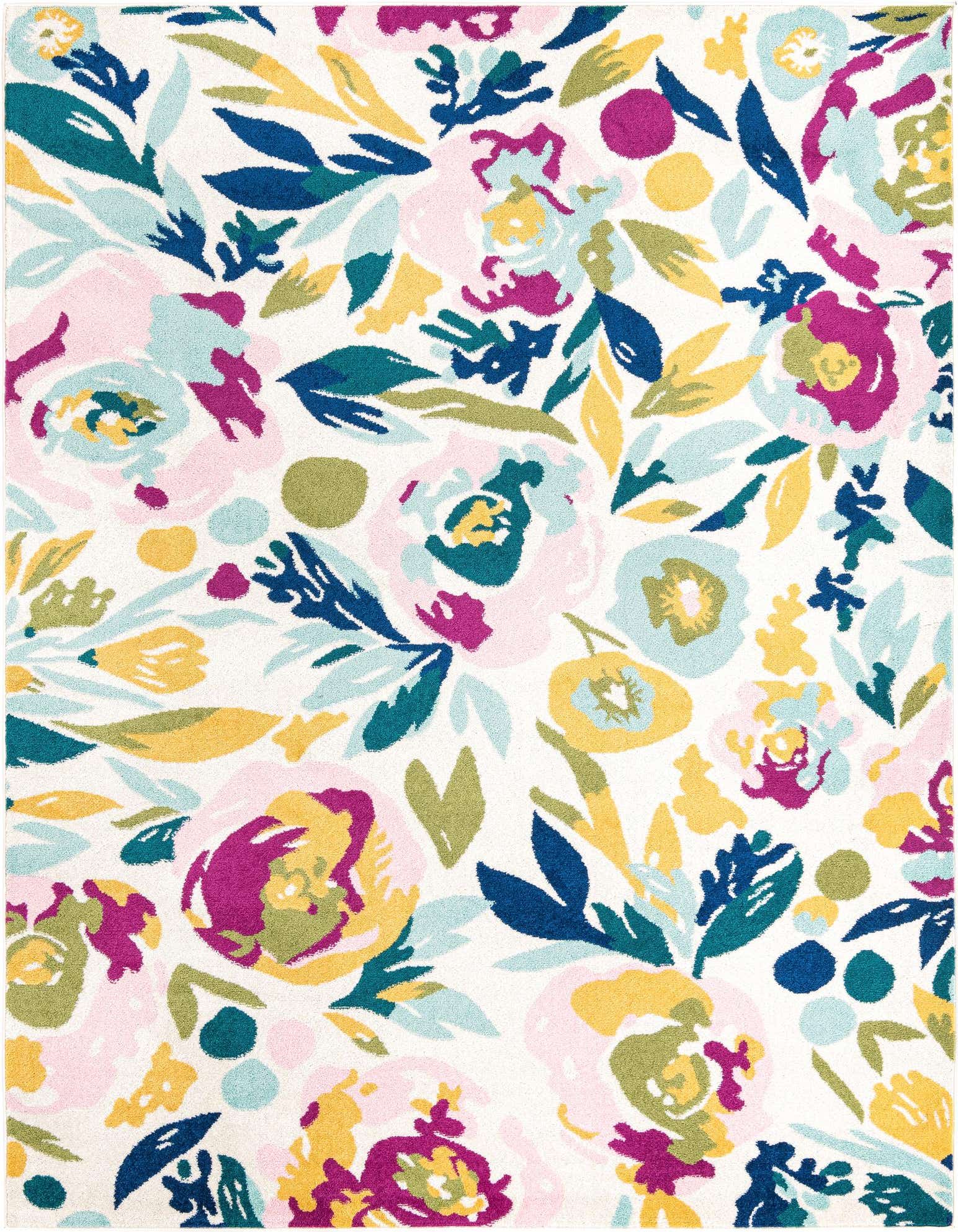A rectangular 8x10 white area rug with a vibrant modern floral pattern in pink, yellow, blue, and green.