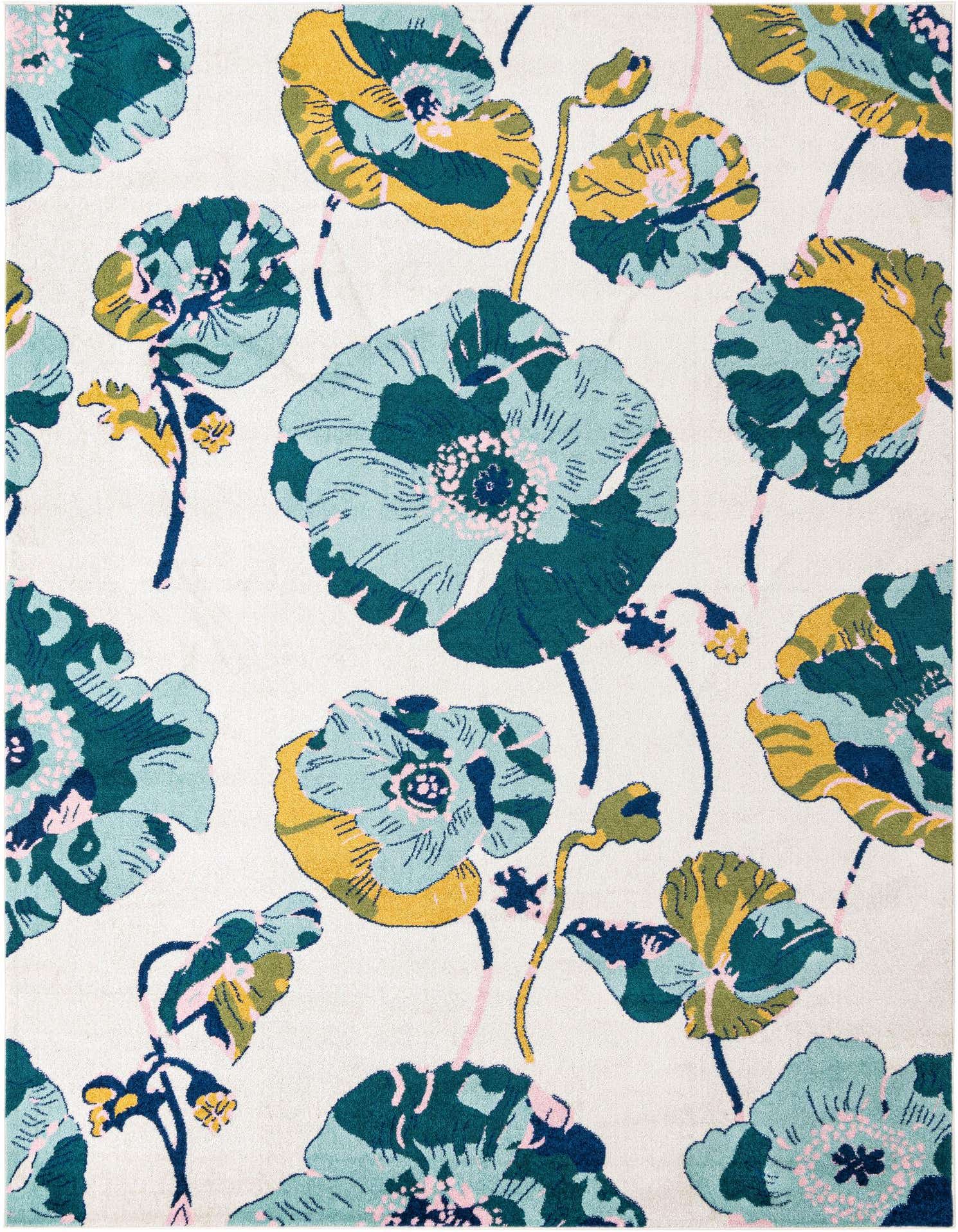 A 9x12 rectangular white modern floral rug with large teal, green, and gold poppies, perfect for a living room.
