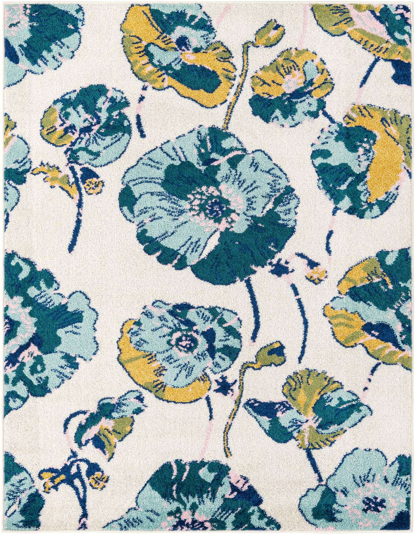 A 4x6 rectangular white rug with a modern floral pattern featuring large teal, dark green, and yellow flowers with pink accents.