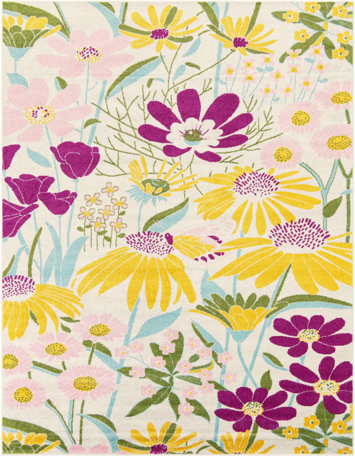 A rectangular 8x11 rug with a vibrant floral pattern on a white background, featuring large yellow, pink, and purple flowers with green stems and light blue leaves.