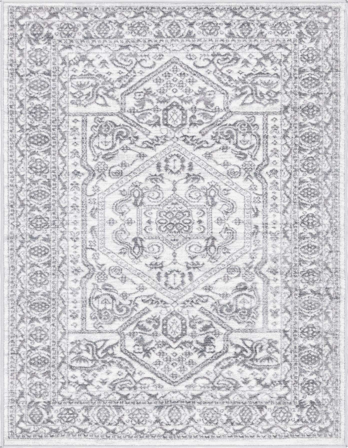 A 4x6 rectangular white area rug with a faded traditional medallion pattern in light gray, suitable for a living room.