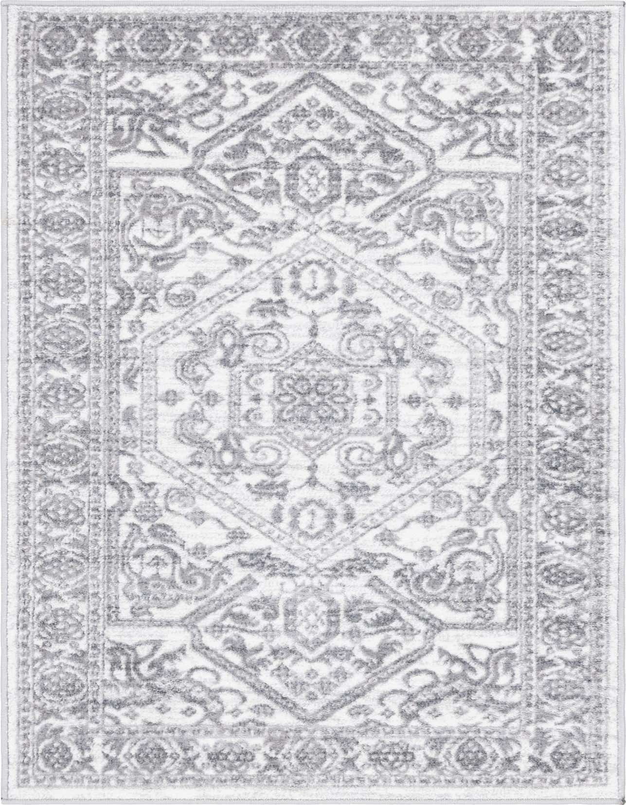A 3x5 rectangular Rugs.com Boston area rug featuring a distressed white and light gray traditional medallion pattern with a textured pile.