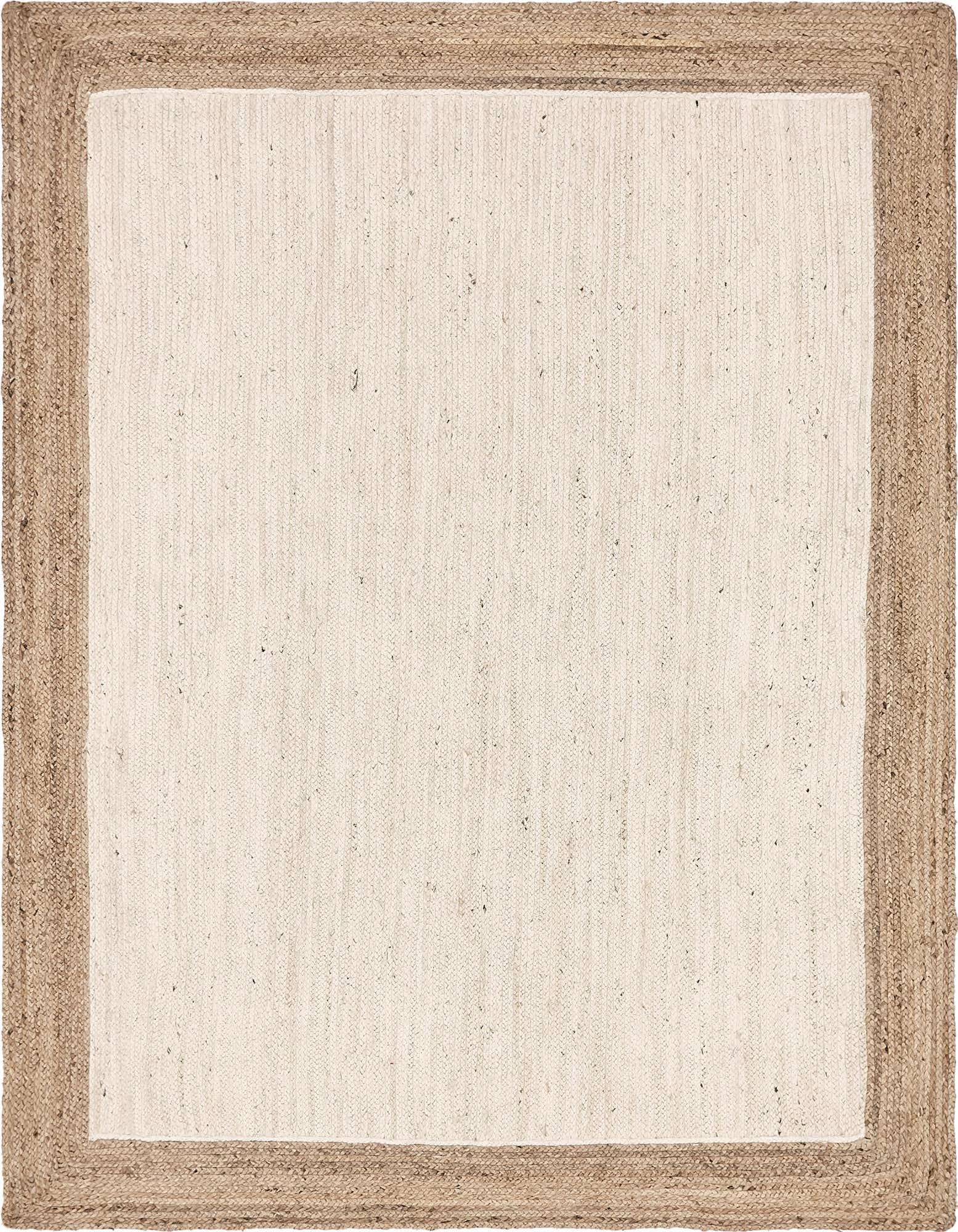 An 8x10 rectangular white jute area rug with a natural braided jute border, showcasing its textured, flatweave design.