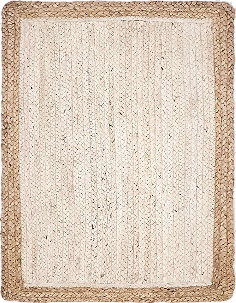 A rectangular 2x3 natural jute rug with a braided white center and a contrasting tan braided border.