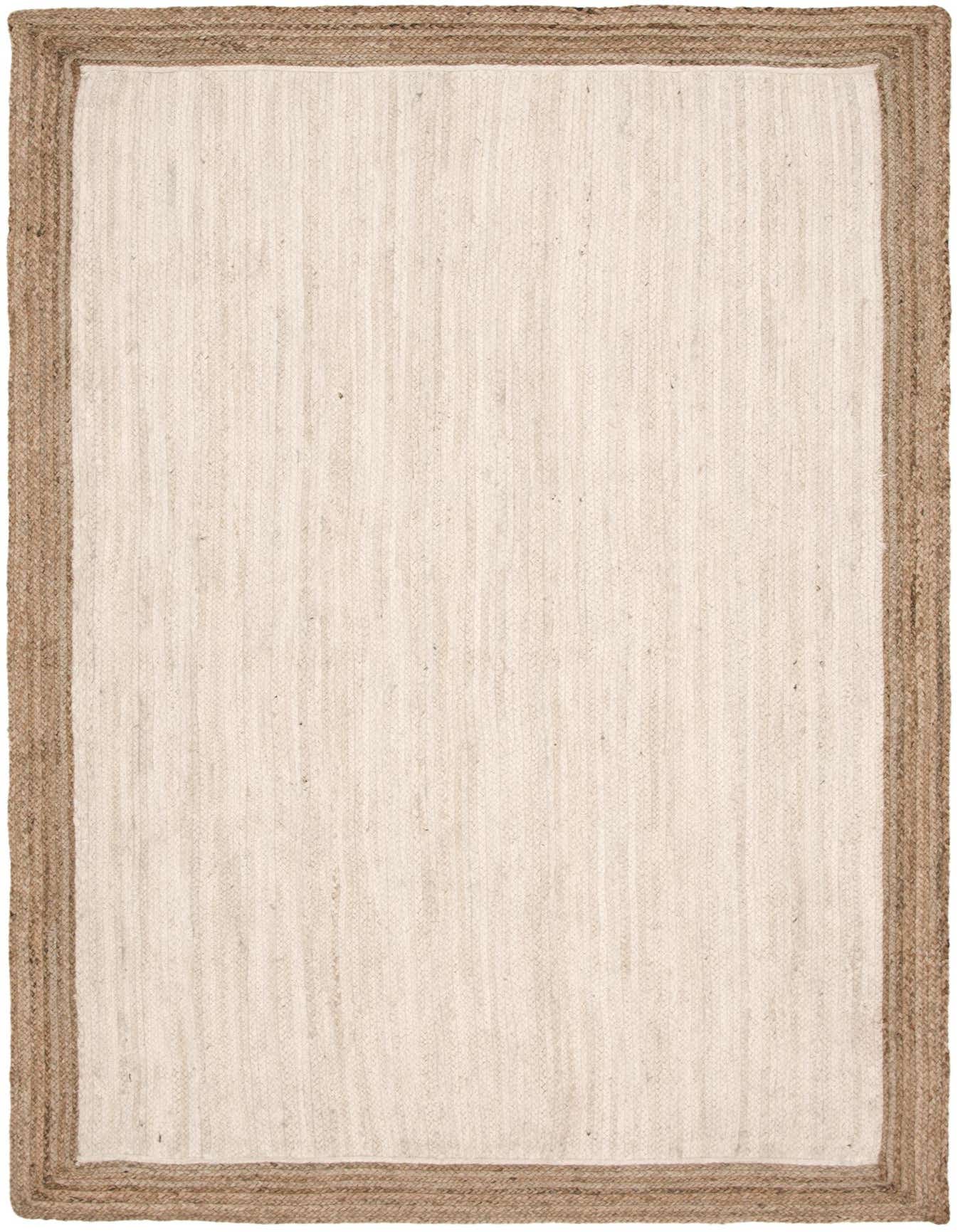 A 6x9 rectangular white jute rug with a natural braided border, perfect for a living room.