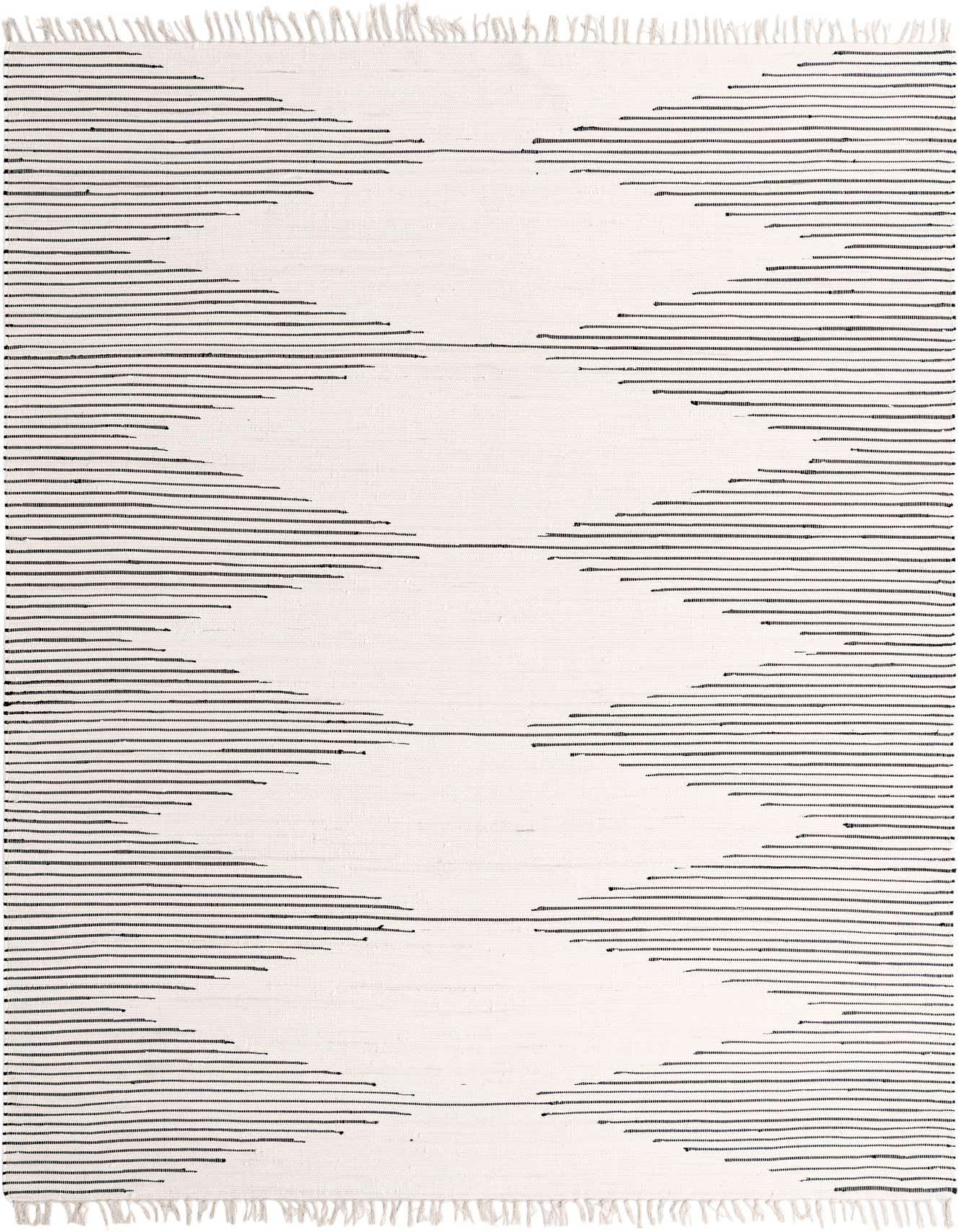 A 10x14 rectangular white flatweave rug with a subtle black abstract striped pattern forming a large diamond shape.