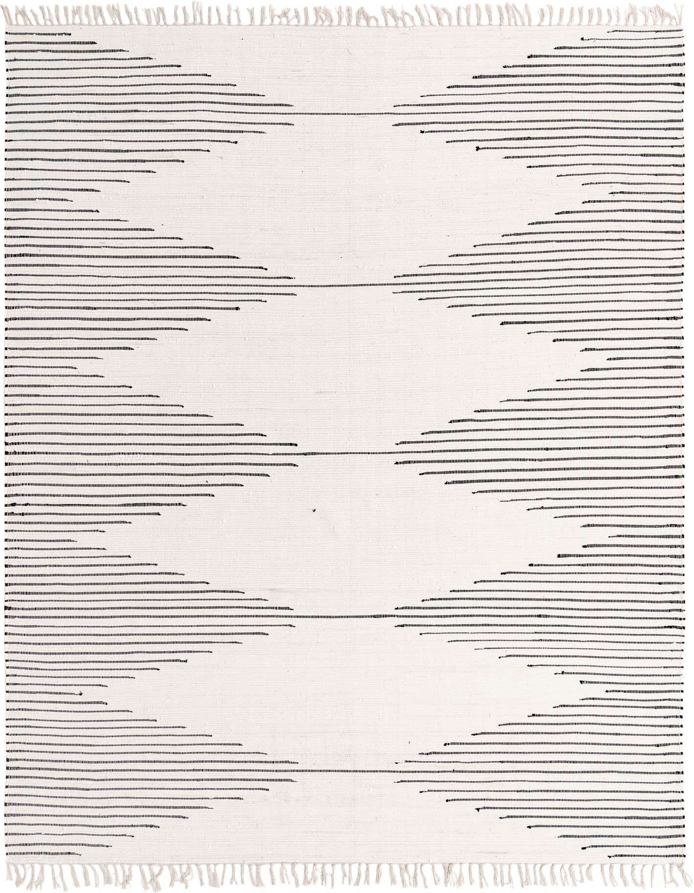 A 9x12 rectangular white flatweave cotton rug with a subtle tribal pattern of horizontal black dashed lines forming geometric shapes.
