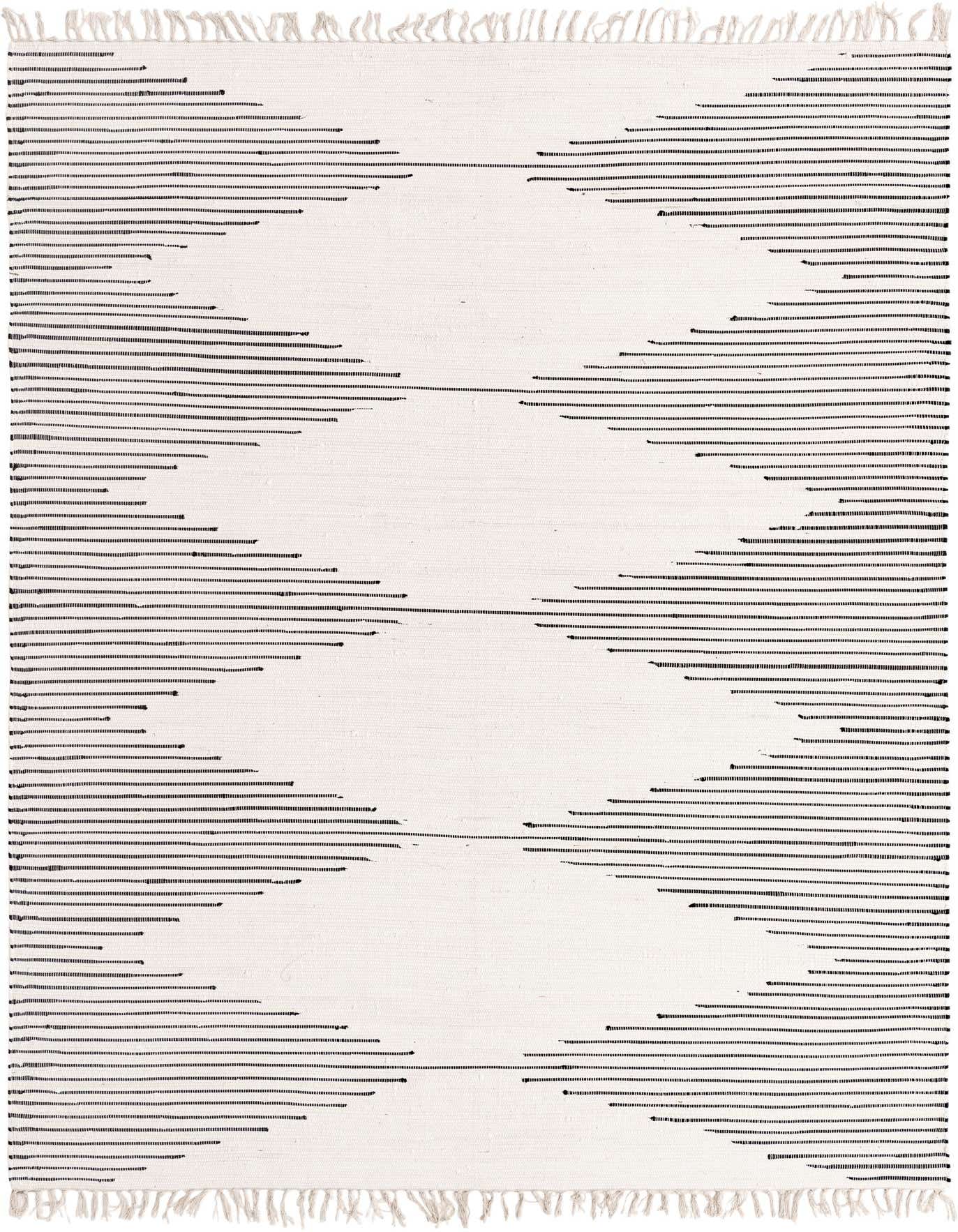 A large 8x11 rectangular white flatweave rug with a subtle textured pattern of thin black horizontal lines forming a central diamond shape, ideal for a living room.