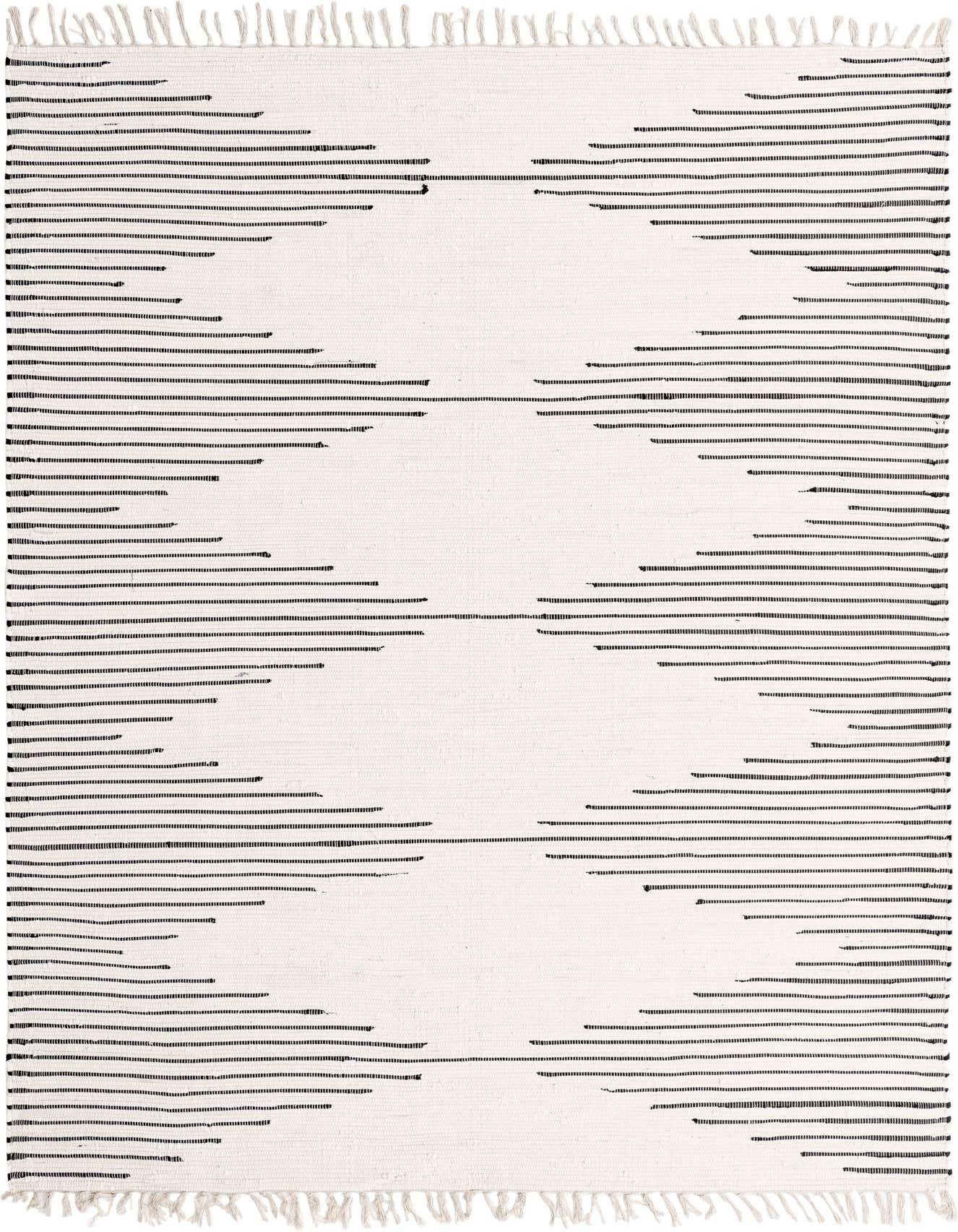 A 7x10 rectangular white flatweave cotton rug with a minimalist tribal pattern of short black horizontal lines.