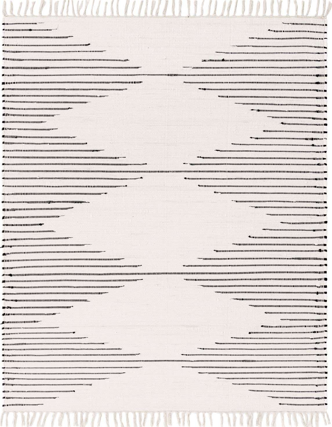A 5x8 rectangular white cotton rug with a minimalist tribal pattern of short black horizontal dashes, featuring white fringe.
