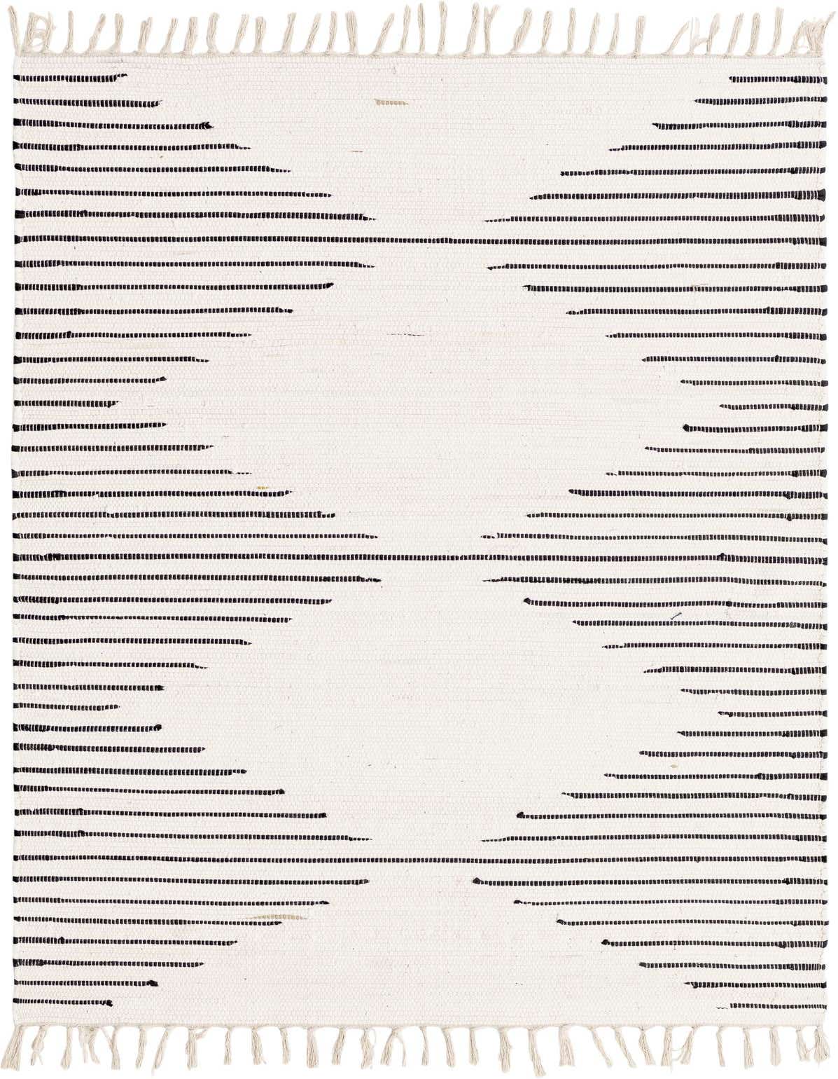 A 4x6 rectangular white flatweave rug with irregular black horizontal stripes and fringed ends, suitable for a living room.