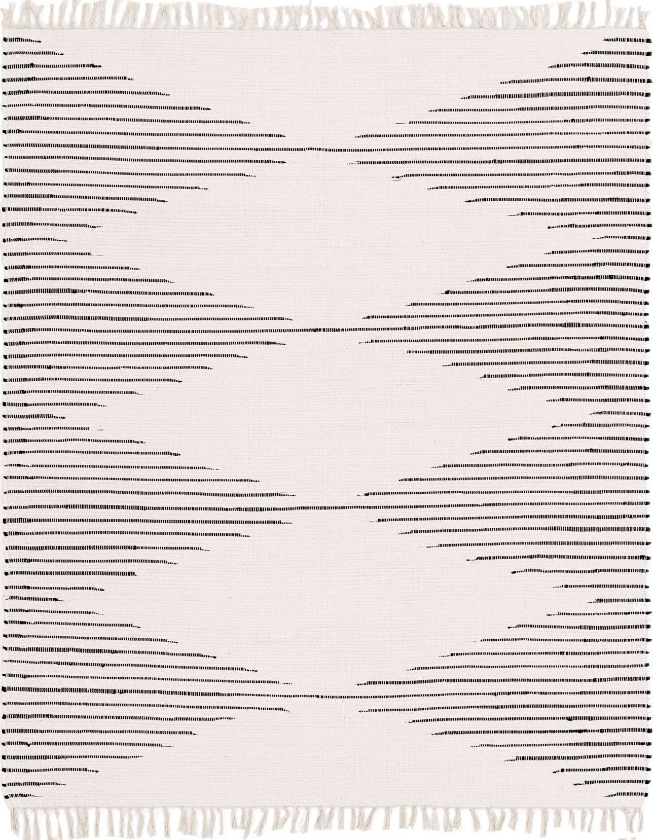 A 6x9 rectangular white flatweave cotton rug with an abstract black horizontal striped pattern and fringed edges.