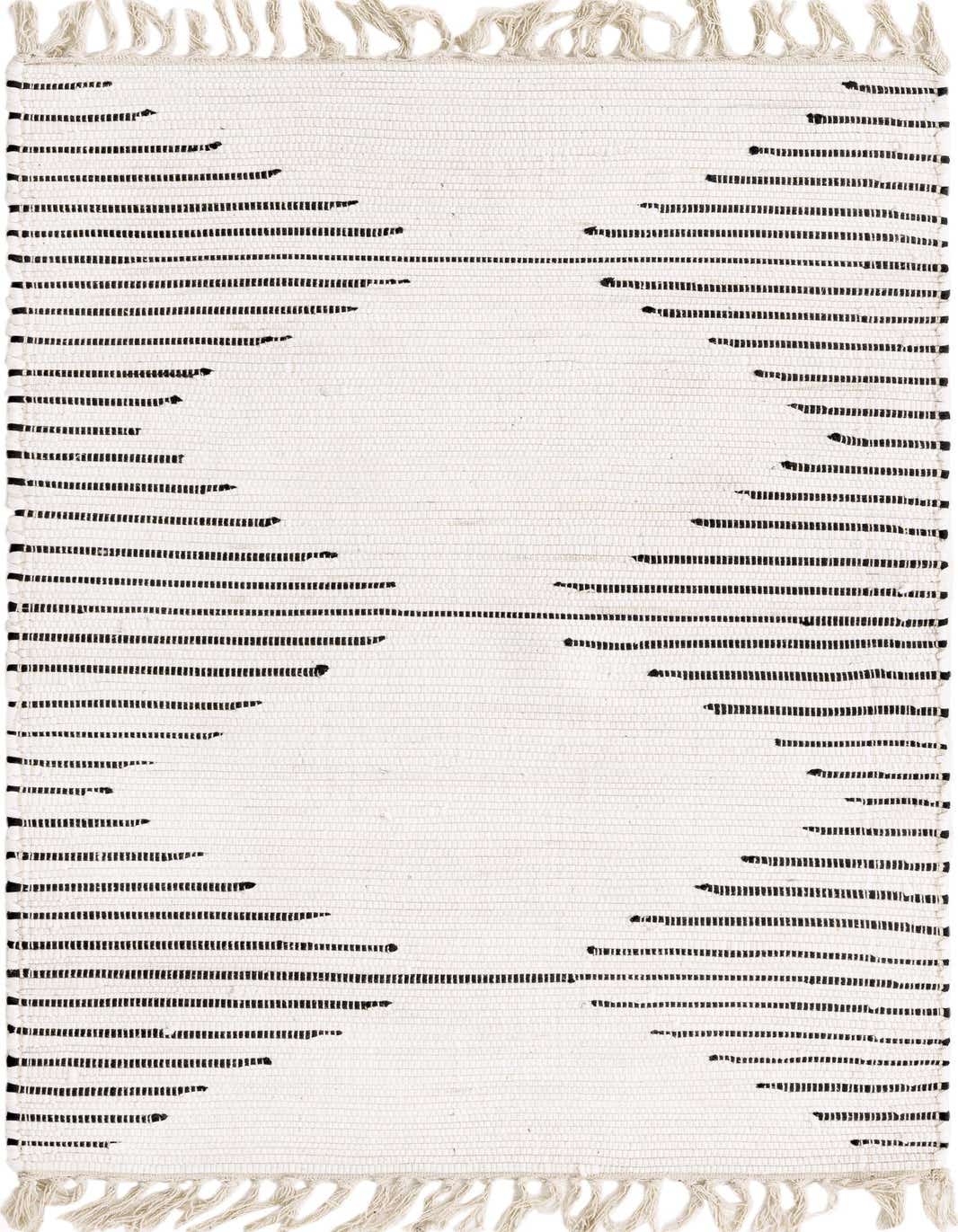 A 3x5 rectangular white cotton flatweave rug with a modern tribal pattern of short black horizontal dashes and fringed ends, perfect for a kitchen.