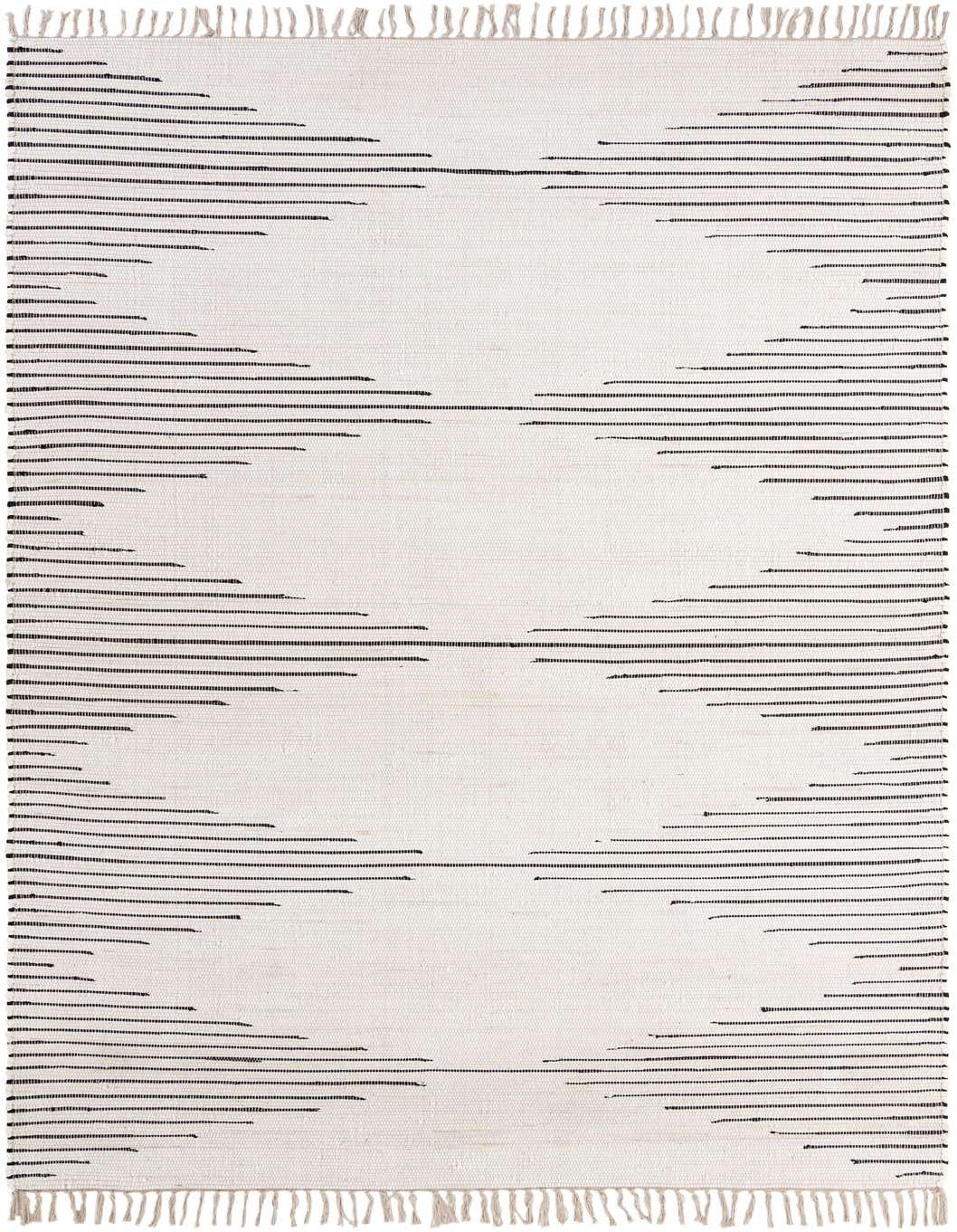 A 7x10 rectangular white cotton flatweave rug with a modern black stripe pattern and fringed edges.