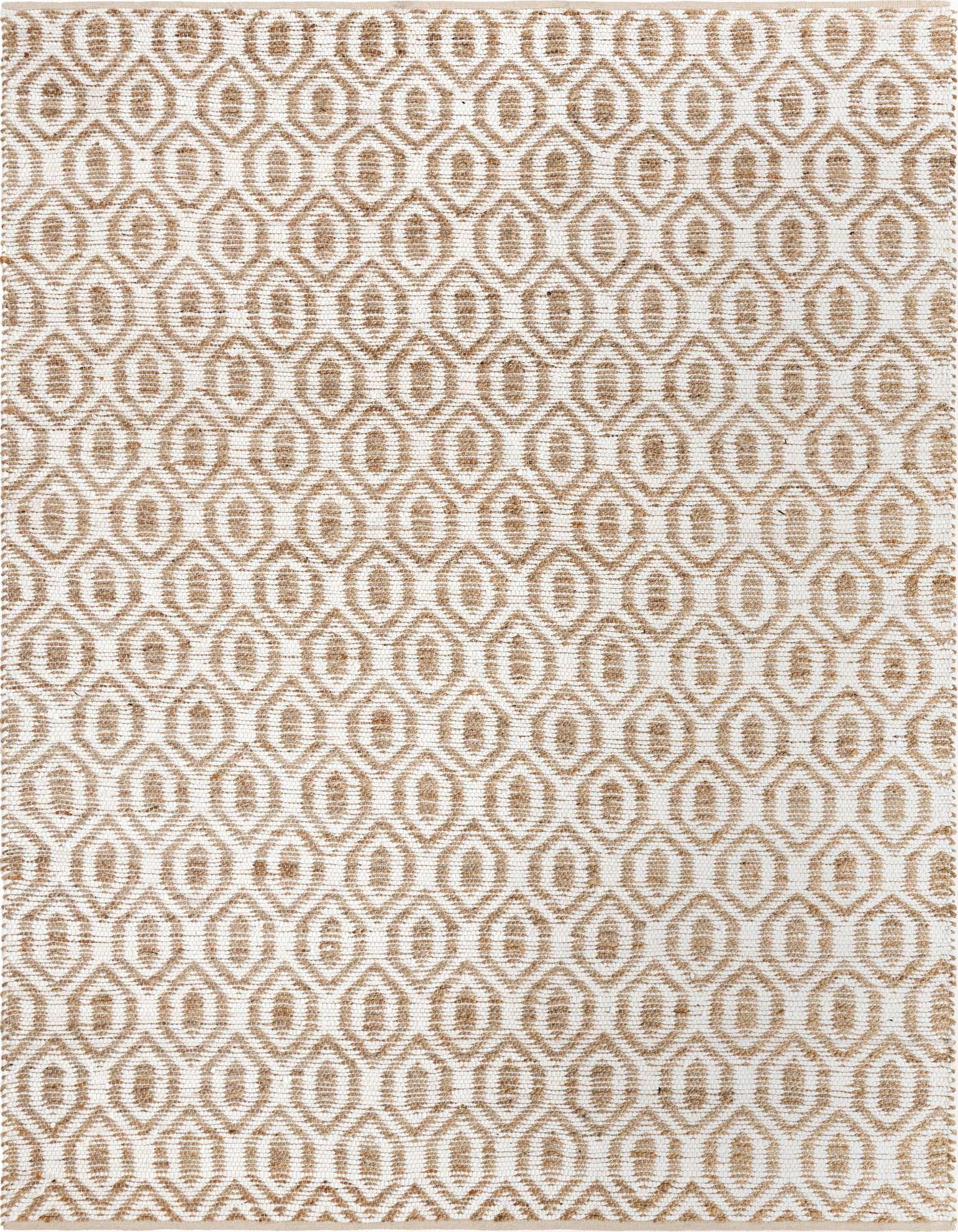 A 9x12 rectangular Chindi Jute rug featuring a white background with a repeating natural brown trellis pattern.