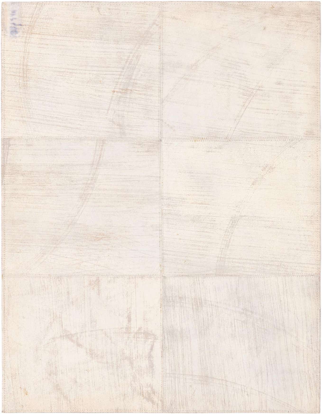 A 2x3 rectangular Rugs.com Cowhide Leather rug in shades of white, featuring a modern patchwork design with visible stitching.