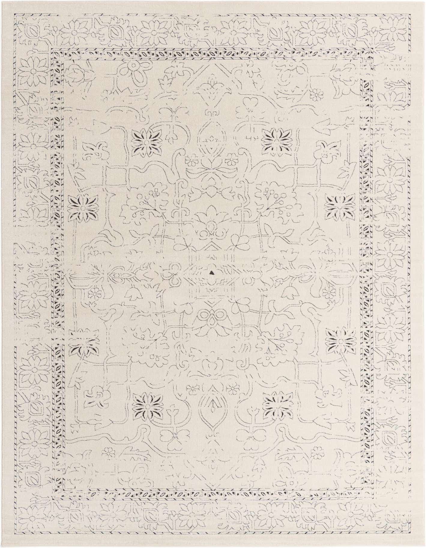 A 10x14 rectangular white area rug with a subtle distressed black traditional medallion pattern and border.