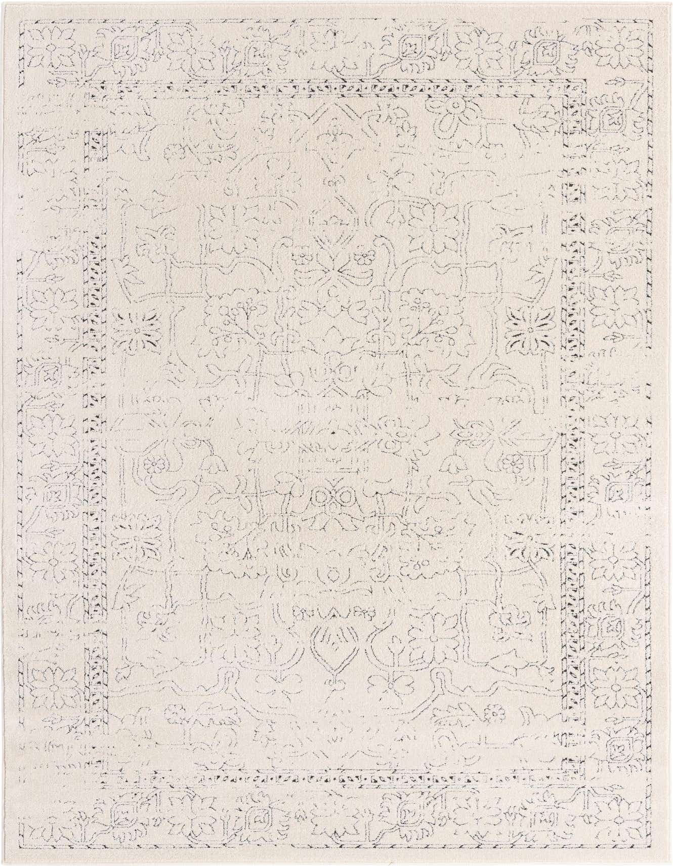 A 6x9 rectangular Isabella collection rug in white with a subtle, distressed traditional medallion pattern, ideal for a living room.