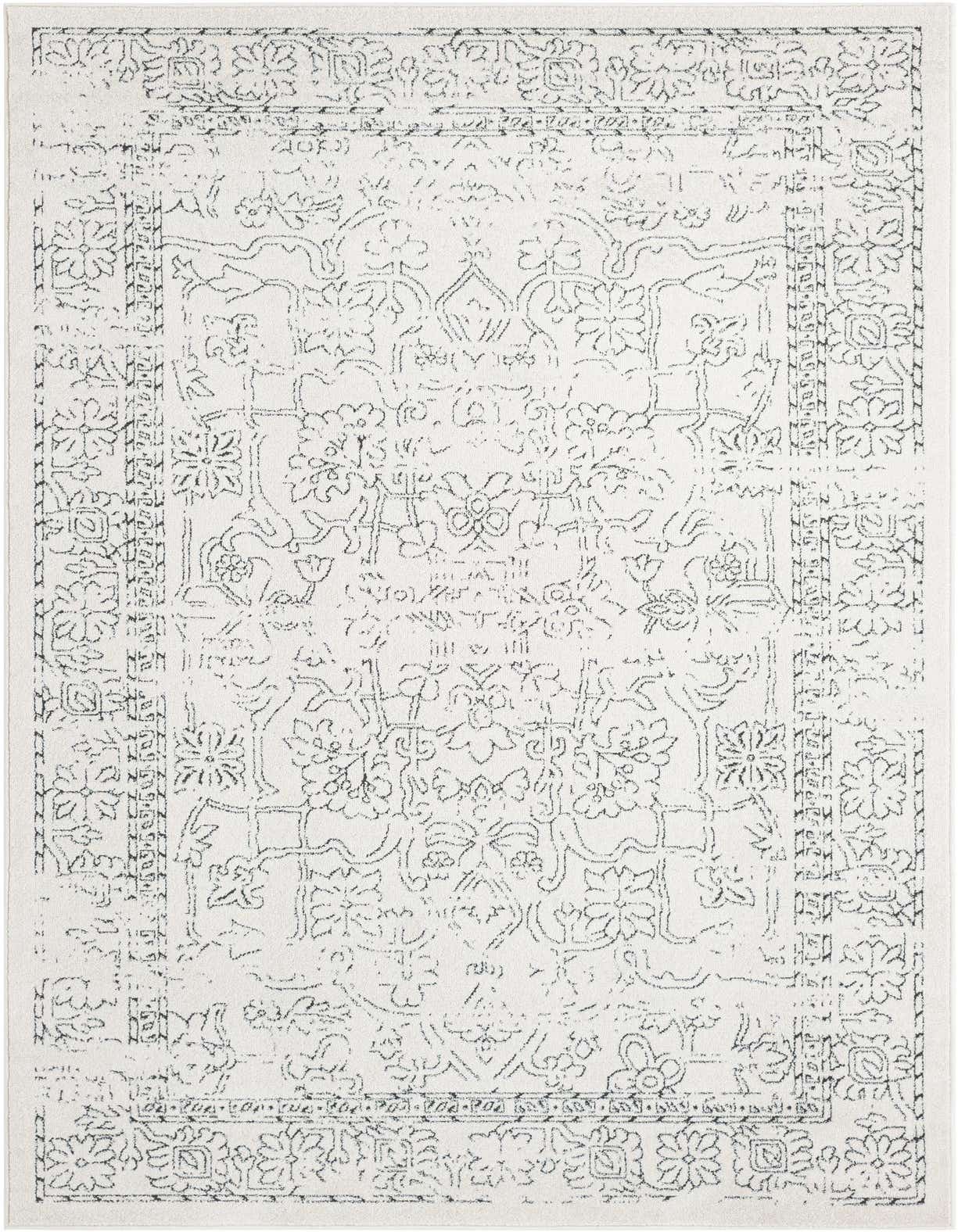 A 5x8 rectangular white area rug with a faded charcoal gray traditional medallion and border pattern, perfect for a living room.